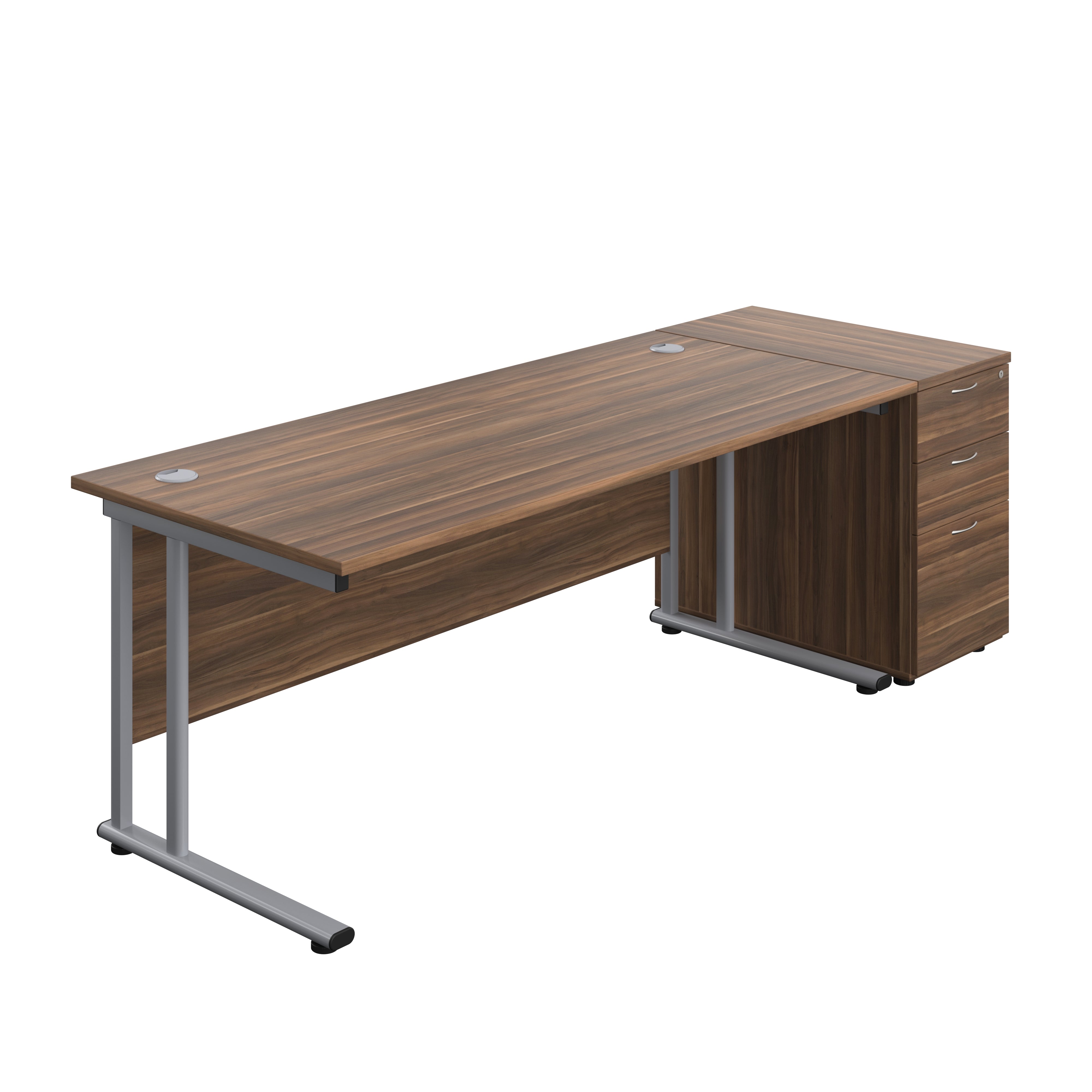 Twin Upright Rectangular Desk + Desk High 3 Drawer Pedestal (FSC) | 1800X800 | Dark Walnut/Silver