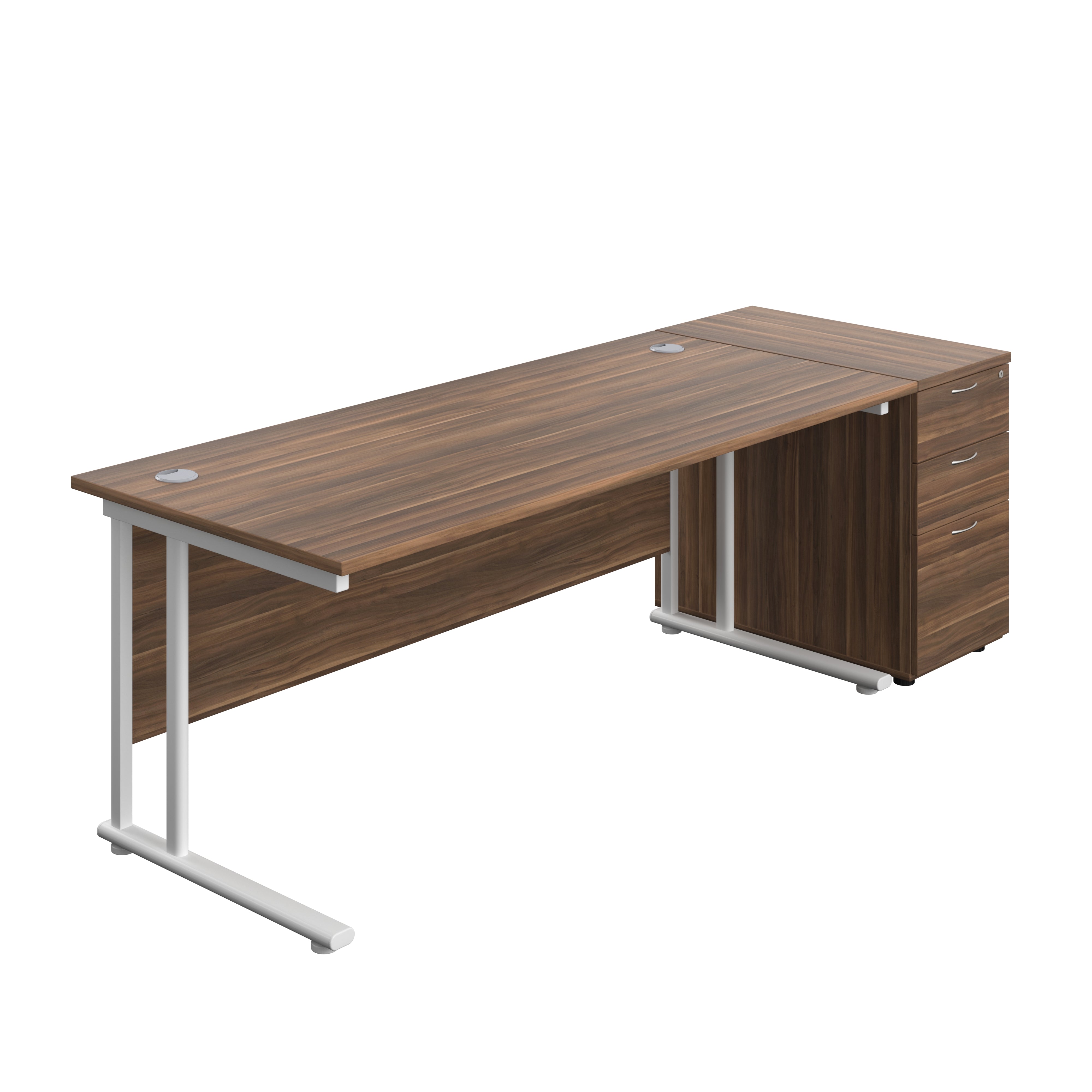 Twin Upright Rectangular Desk + Desk High 3 Drawer Pedestal (FSC) | 1800X800 | Dark Walnut/White