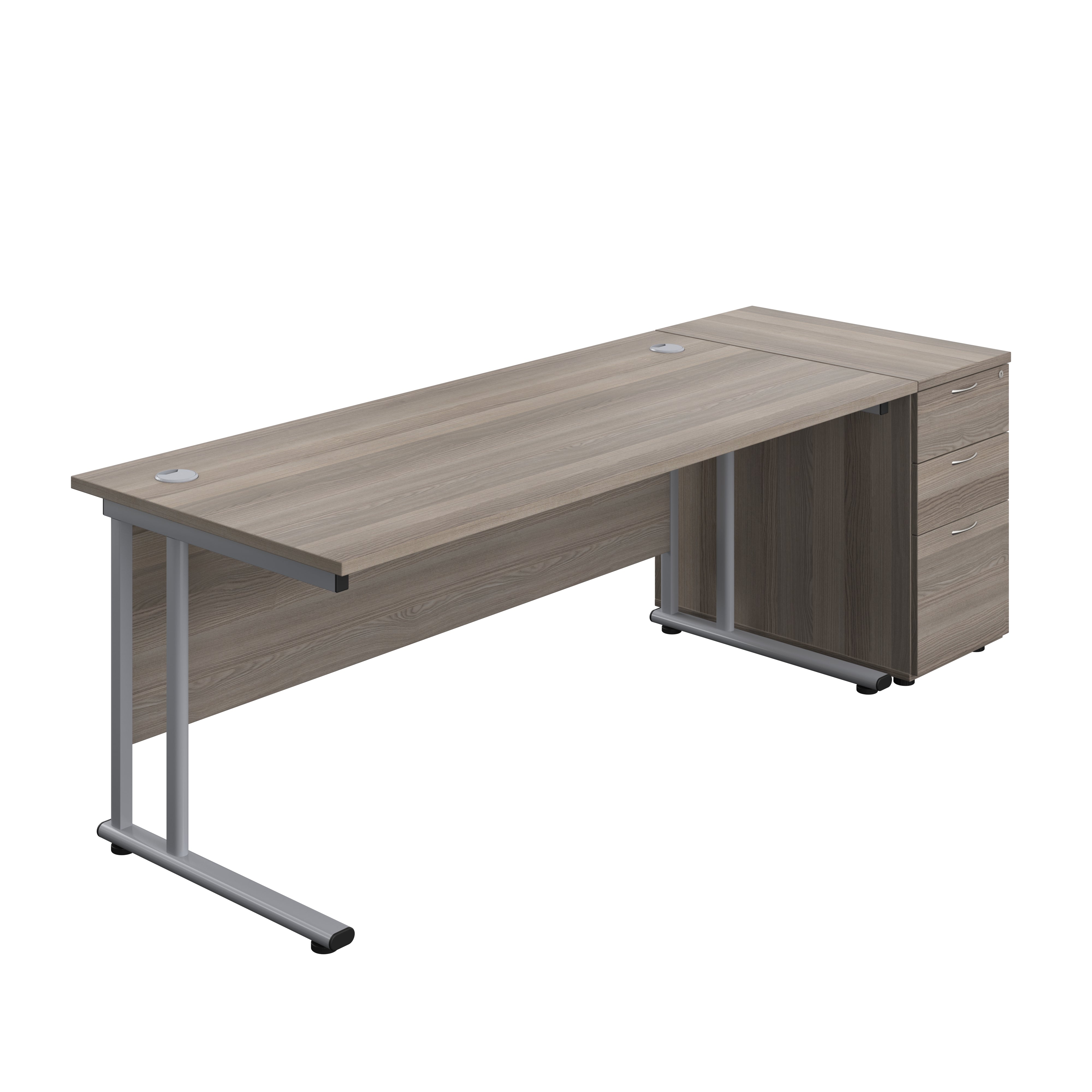 Twin Upright Rectangular Desk + Desk High 3 Drawer Pedestal (FSC) | 1800X800 | Grey Oak/Silver