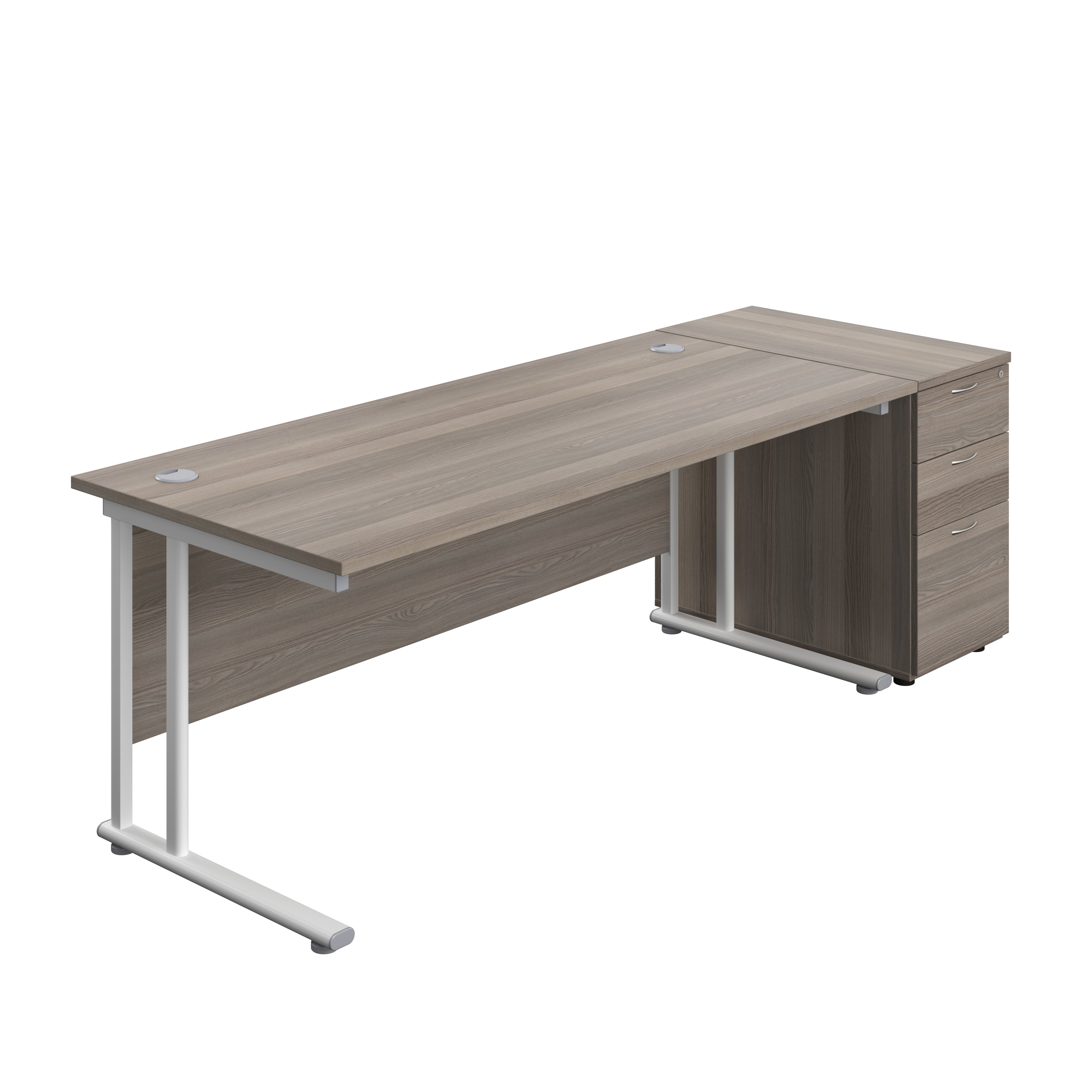 Twin Upright Rectangular Desk + Desk High 3 Drawer Pedestal (FSC) | 1800X800 | Grey Oak/White