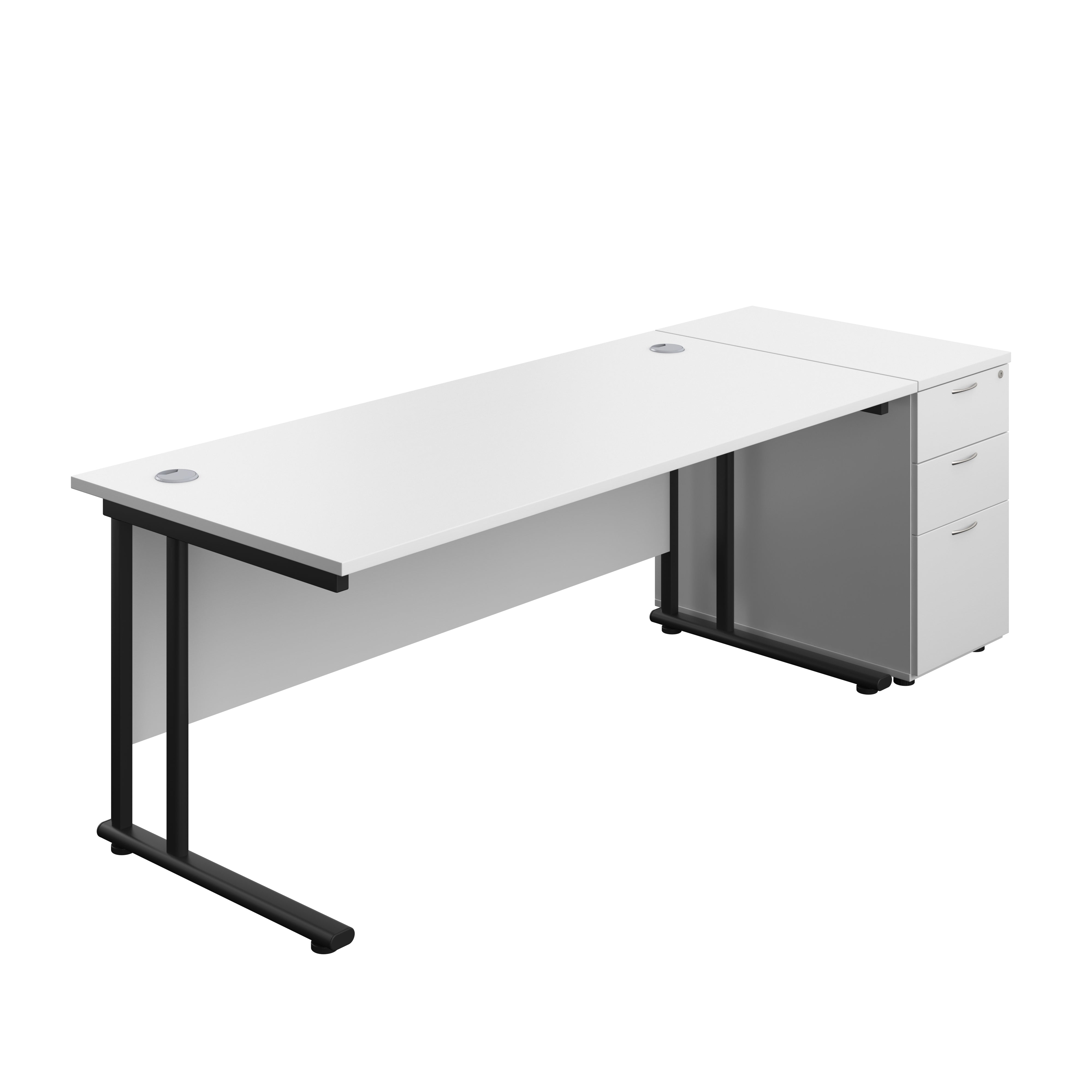 Twin Upright Rectangular Desk + Desk High 3 Drawer Pedestal (FSC) | 1800X800 | White/Black