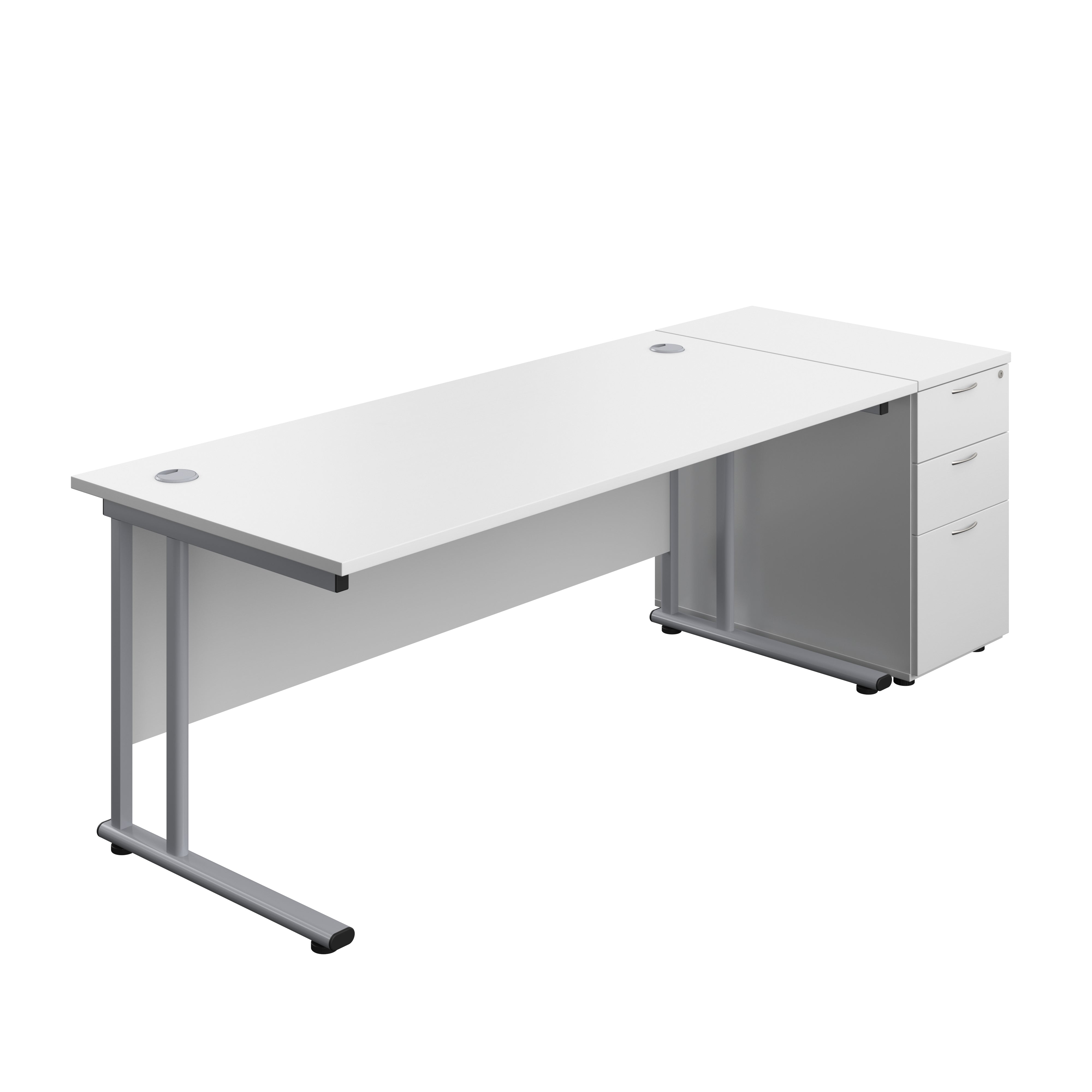 Twin Upright Rectangular Desk + Desk High 3 Drawer Pedestal (FSC) | 1800X800 | White/Silver