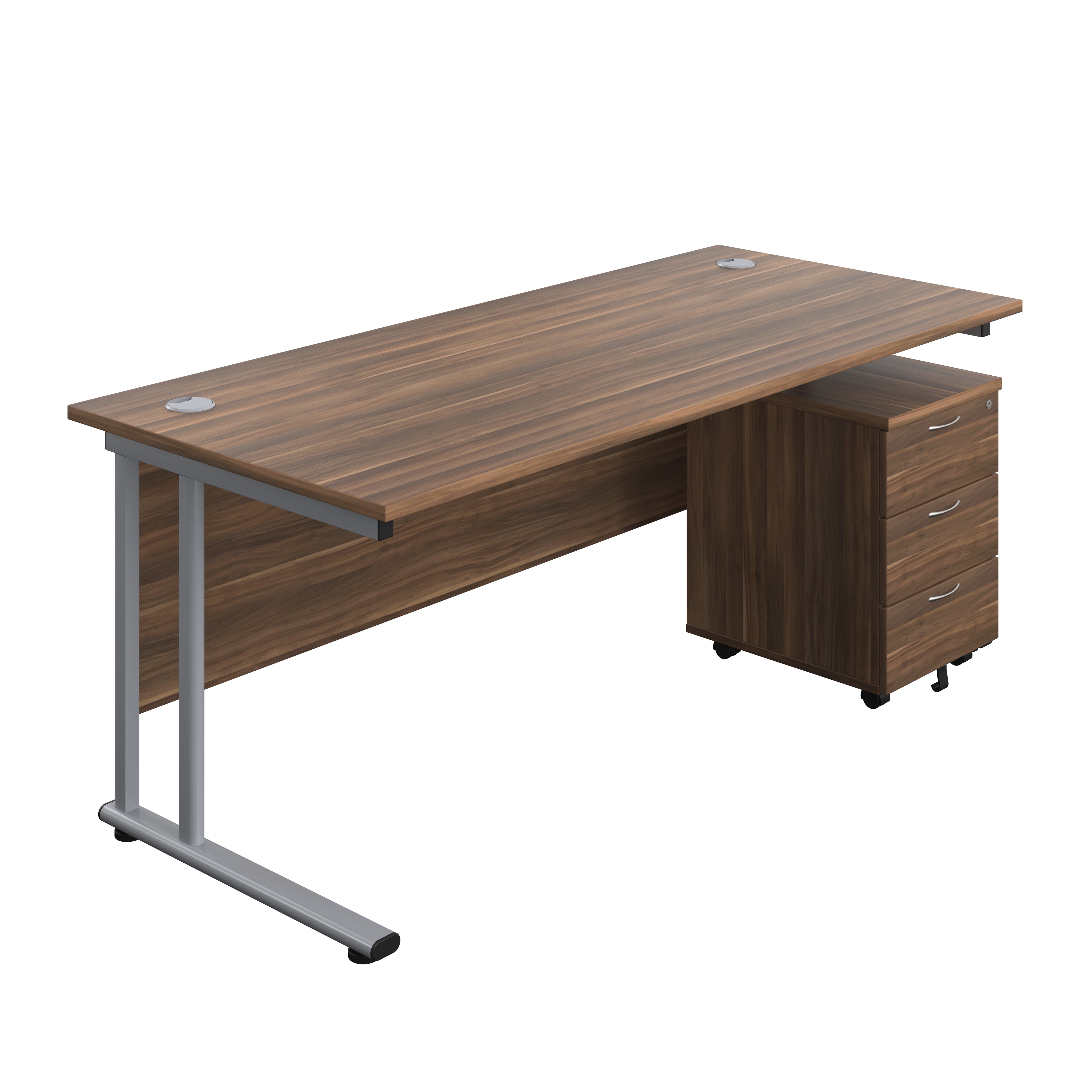 Twin Upright Rectangular Desk + Mobile 3 Drawer Pedestal (FSC) | 1800X800 | Dark Walnut/Silver