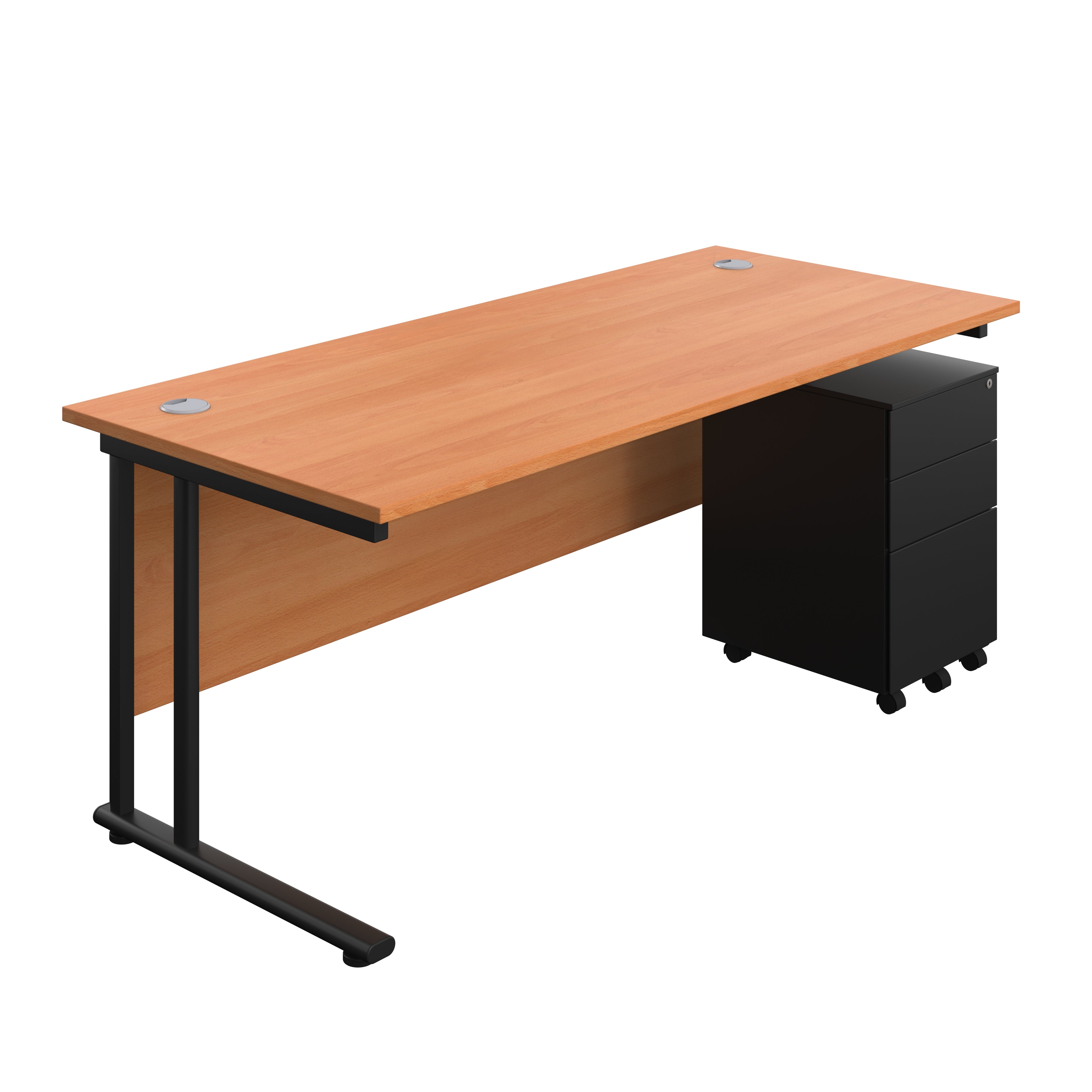 Twin Upright Rectangular Desk + Under Desk Steel Pedestal 3 Drawers (FSC) | 1800X800 | Beech/Black