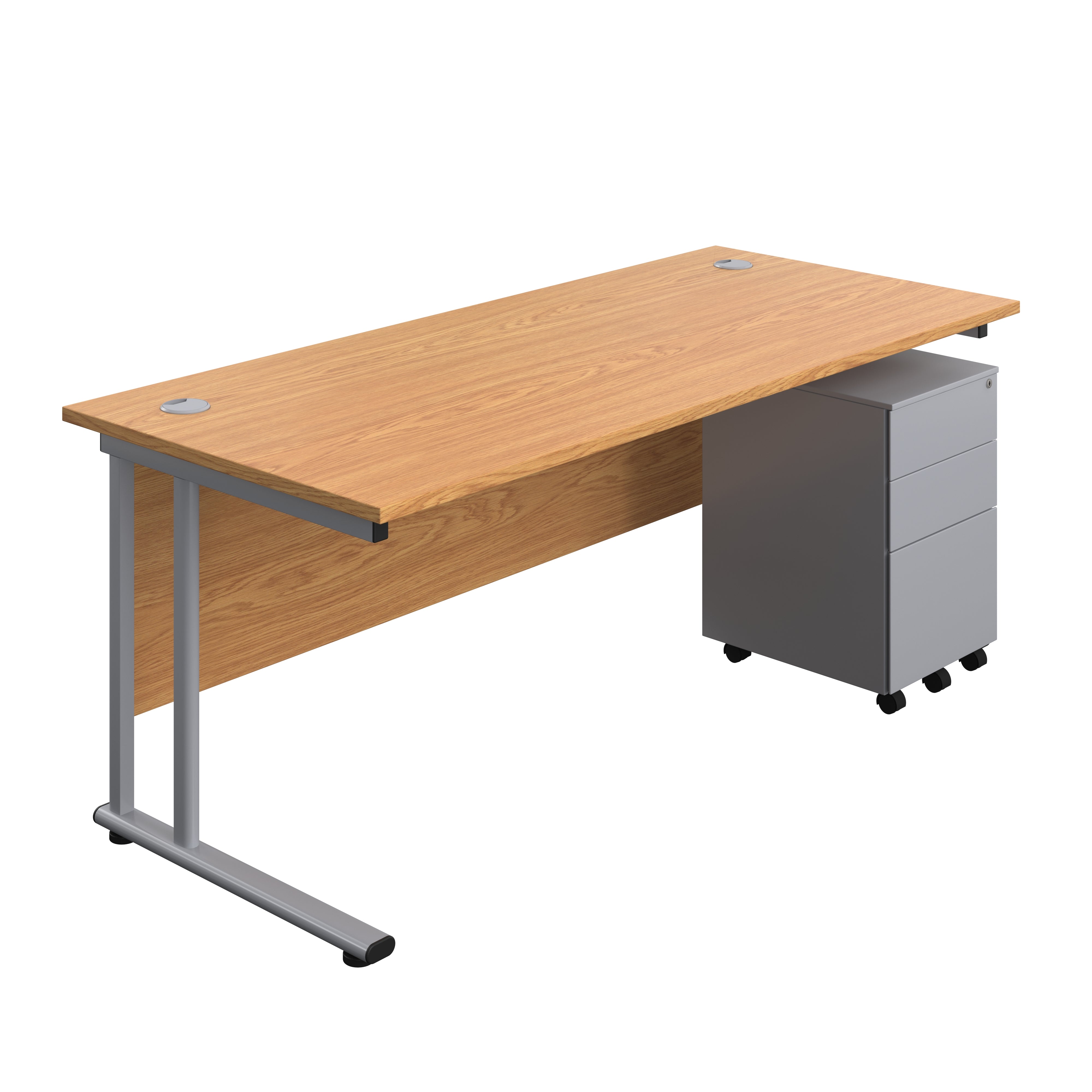 Twin Upright Rectangular Desk + Under Desk Steel Pedestal 3 Drawers (FSC) | 1800X800 | Nova Oak/Silver