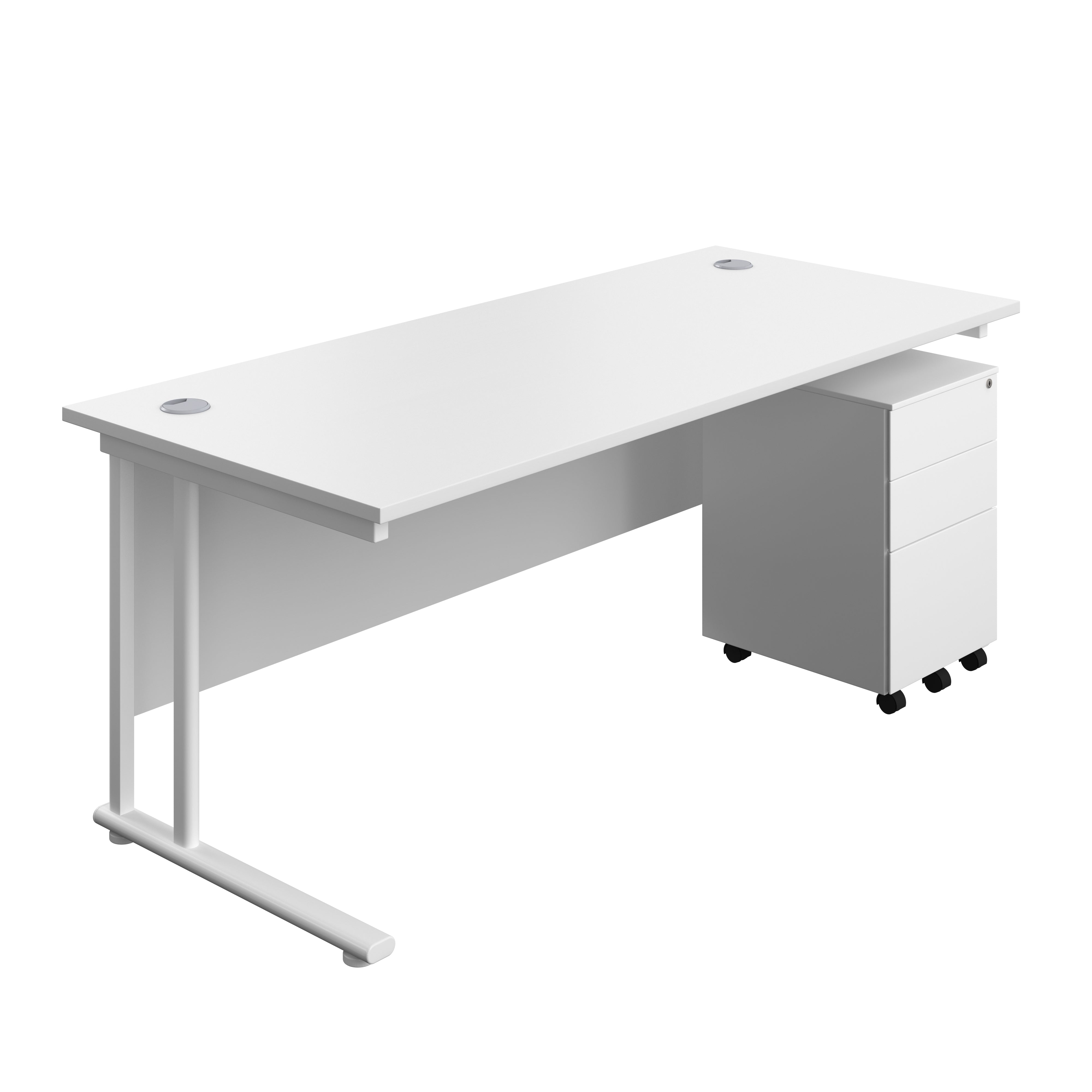 Twin Upright Rectangular Desk + Under Desk Steel Pedestal 3 Drawers (FSC) | 1800X800 | White/White
