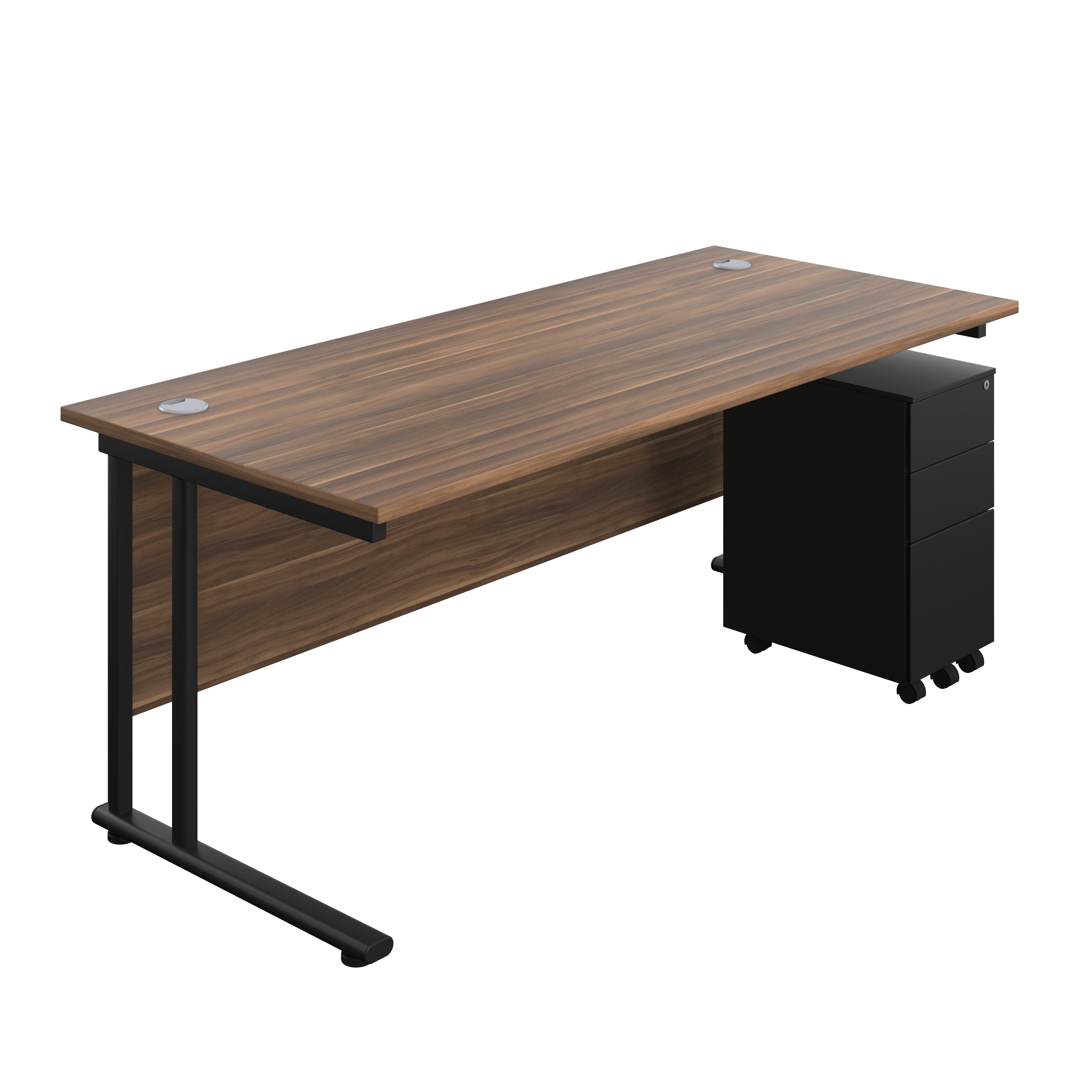 Twin Upright Rectangular Desk + Slimline Steel Pedestal 3 Drawers (FSC) | 1800X800 | Dark Walnut/Black