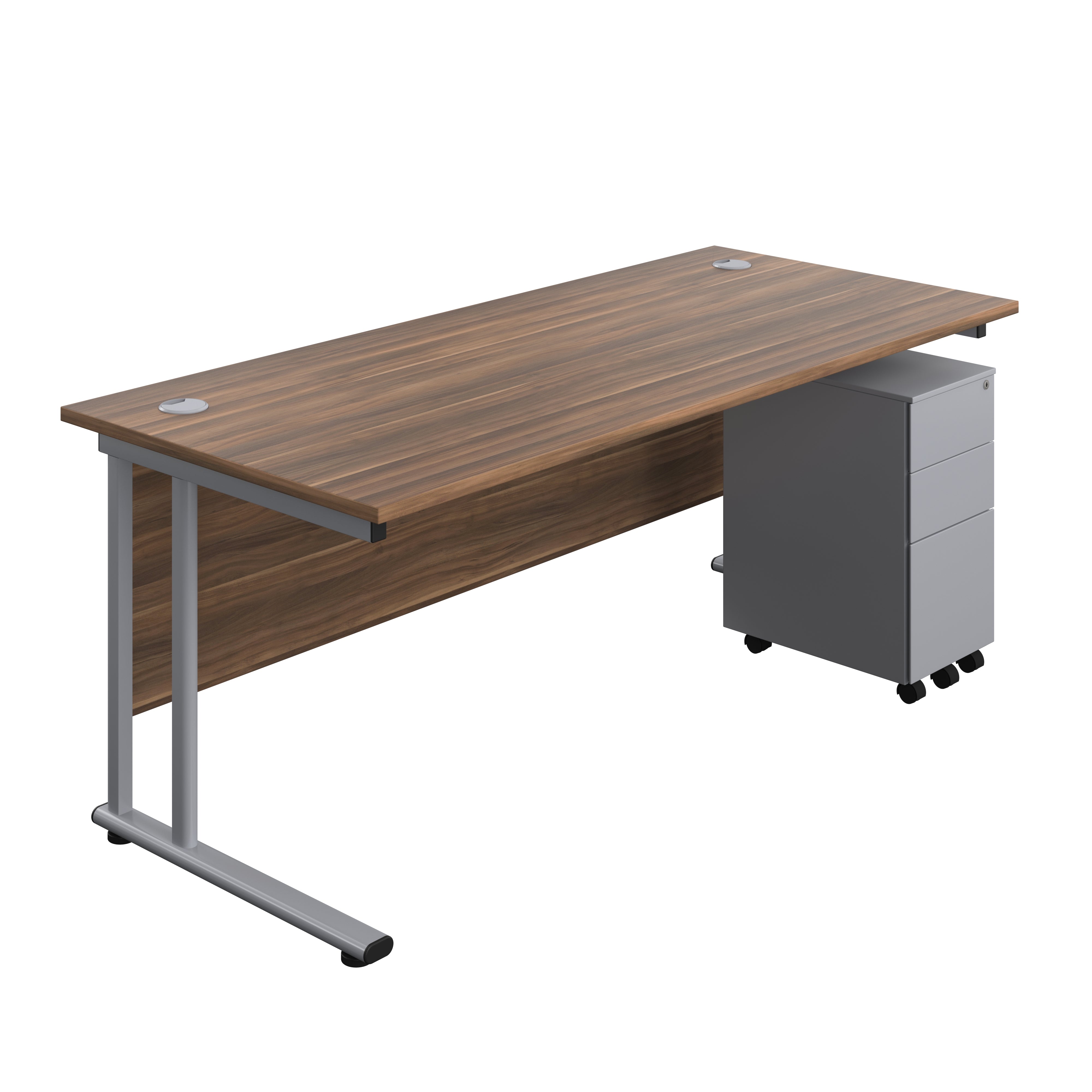 Twin Upright Rectangular Desk + Slimline Steel Pedestal 3 Drawers (FSC) | 1800X800 | Dark Walnut/Silver