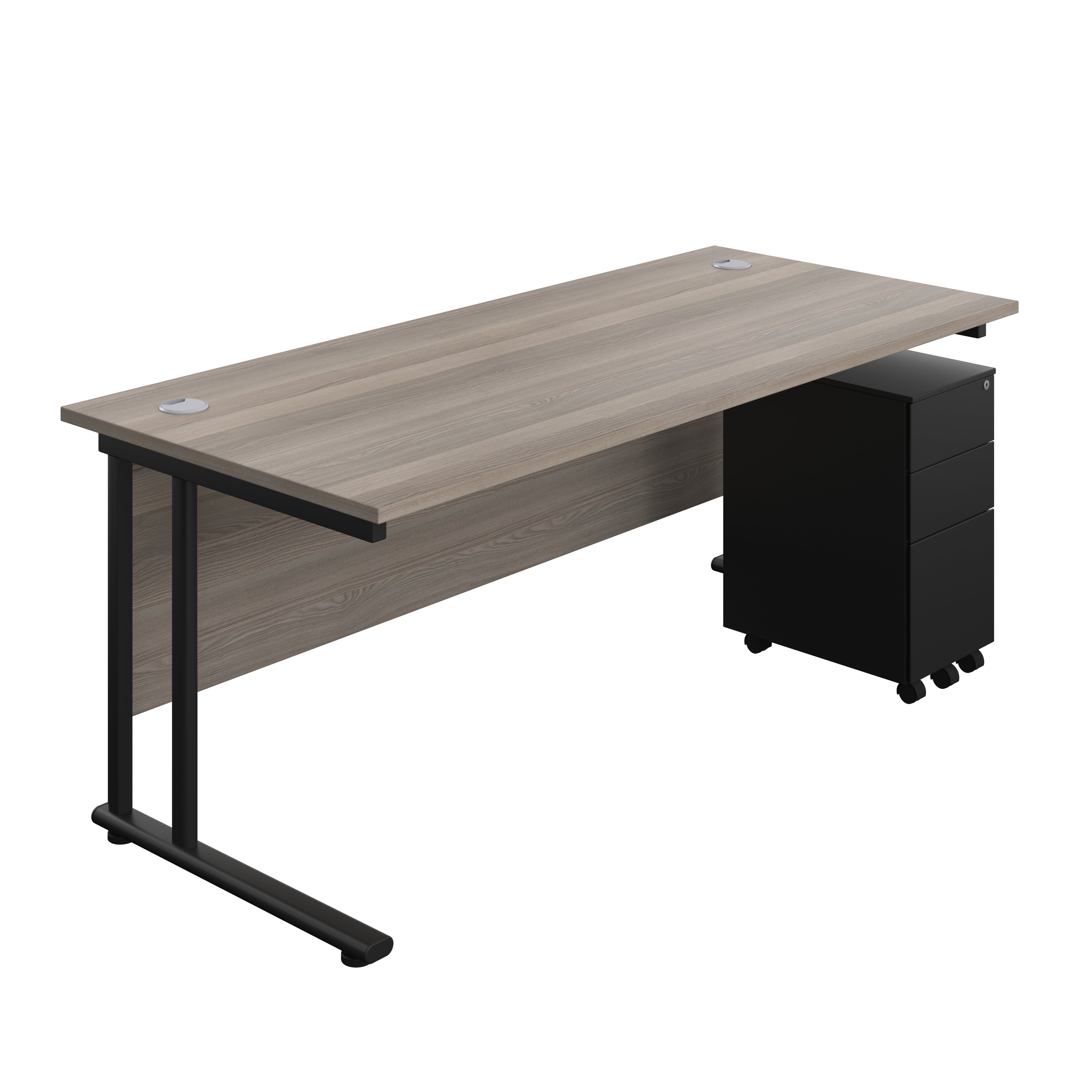 Twin Upright Rectangular Desk + Slimline Steel Pedestal 3 Drawers (FSC) | 1800X800 | Grey Oak/Black