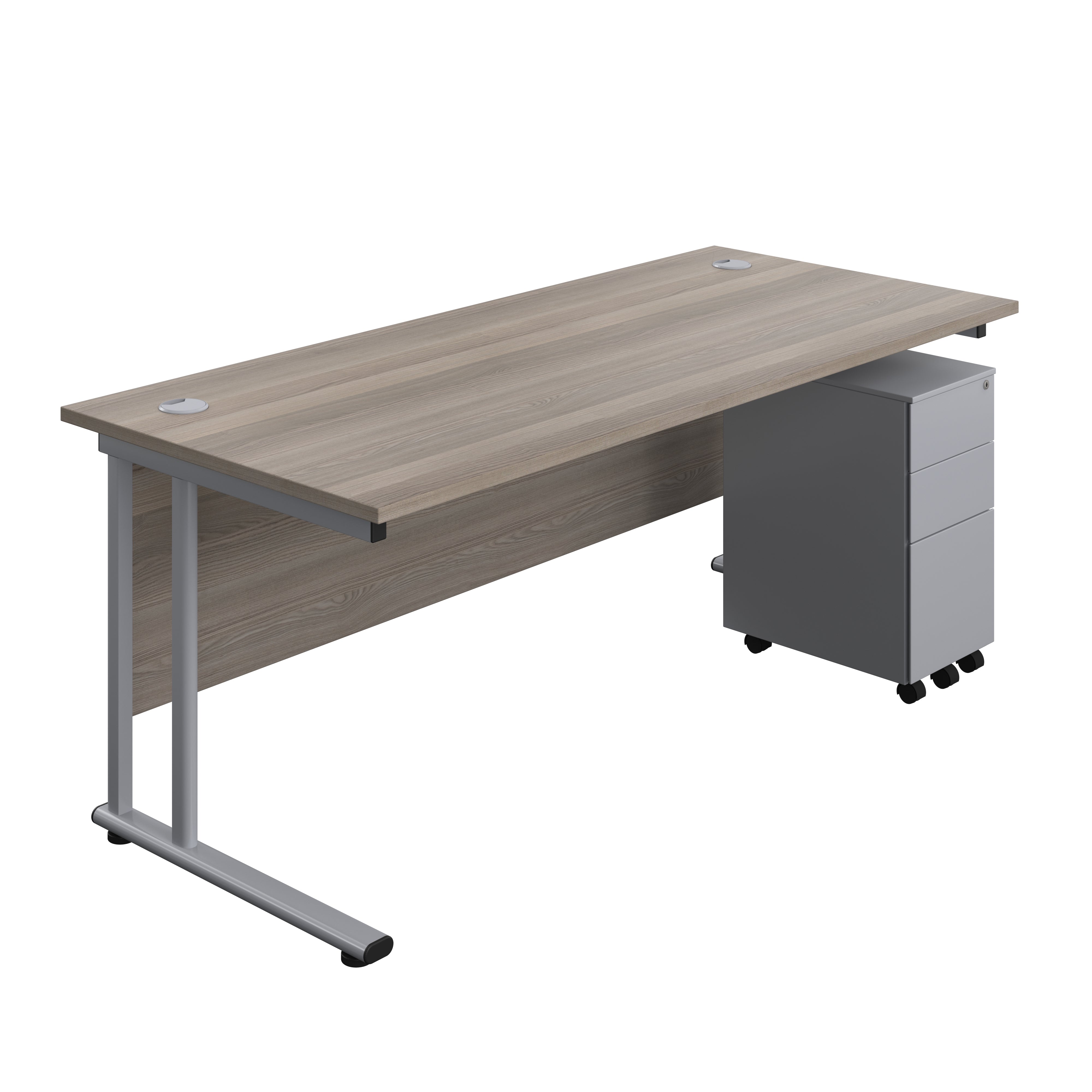 Twin Upright Rectangular Desk + Slimline Steel Pedestal 3 Drawers (FSC) | 1800X800 | Grey Oak/Silver
