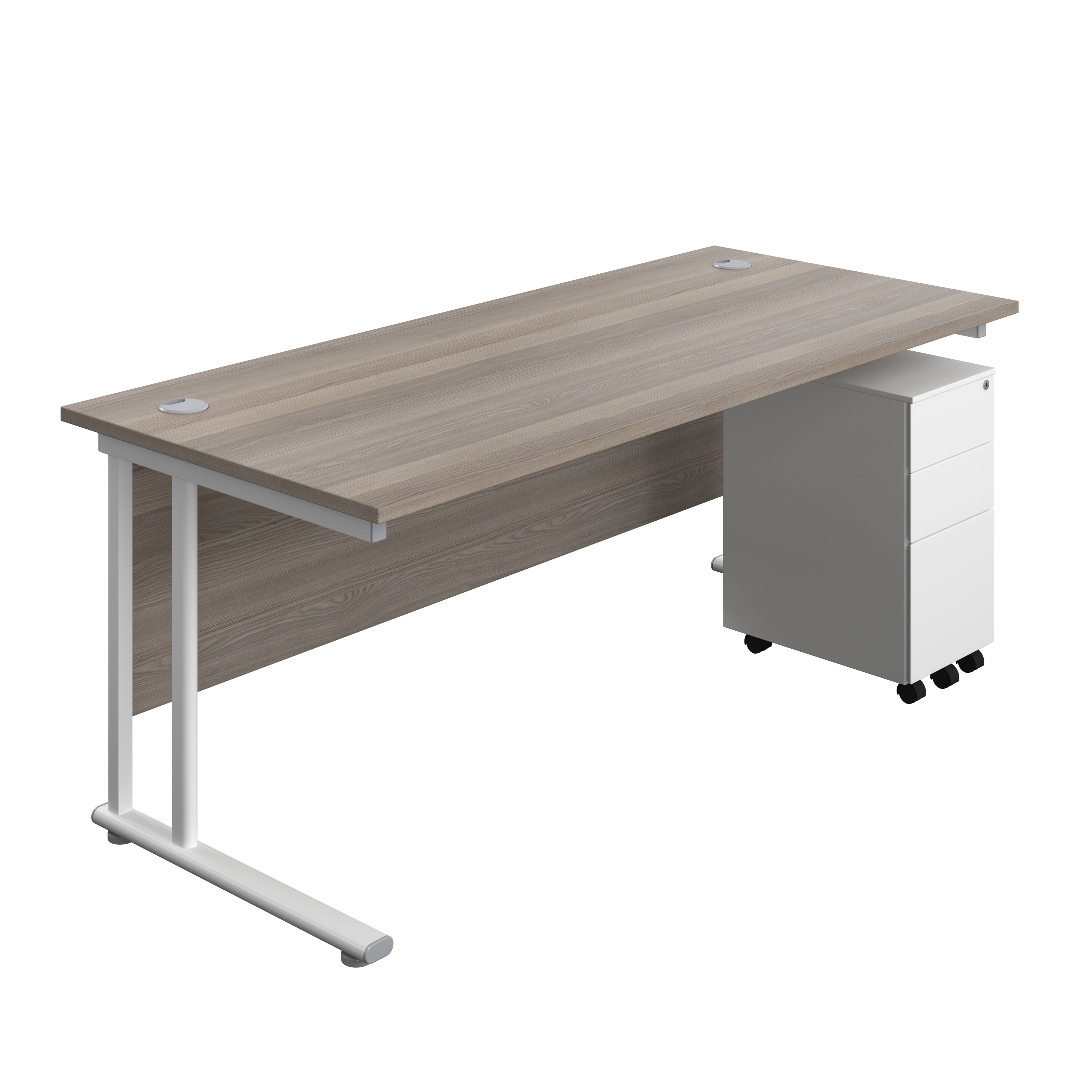 Twin Upright Rectangular Desk + Slimline Steel Pedestal 3 Drawers (FSC) | 1800X800 | Grey Oak/White