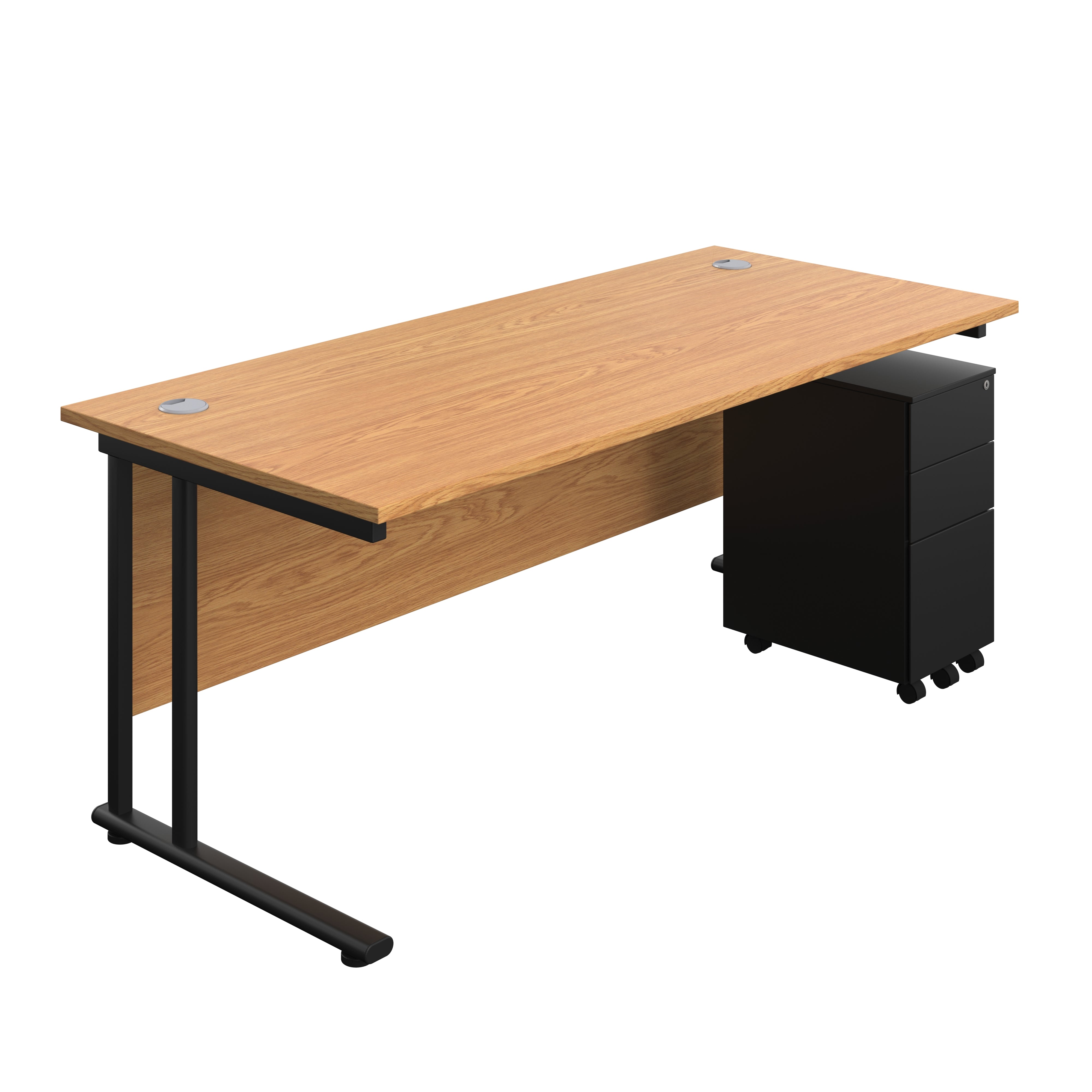 Twin Upright Rectangular Desk + Slimline Steel Pedestal 3 Drawers (FSC) | 1800X800 | Nova Oak/Black