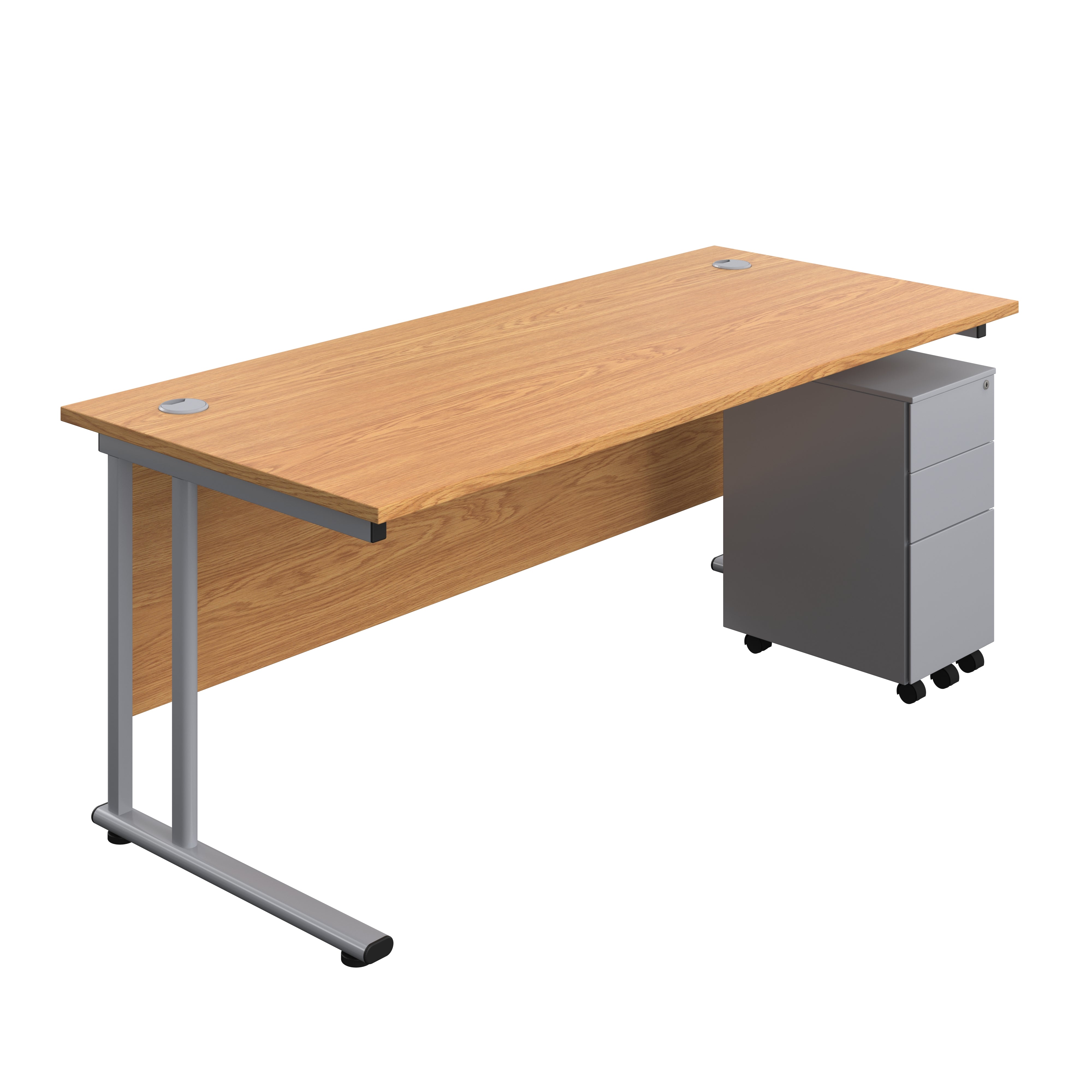 Twin Upright Rectangular Desk + Slimline Steel Pedestal 3 Drawers (FSC) | 1800X800 | Nova Oak/Silver