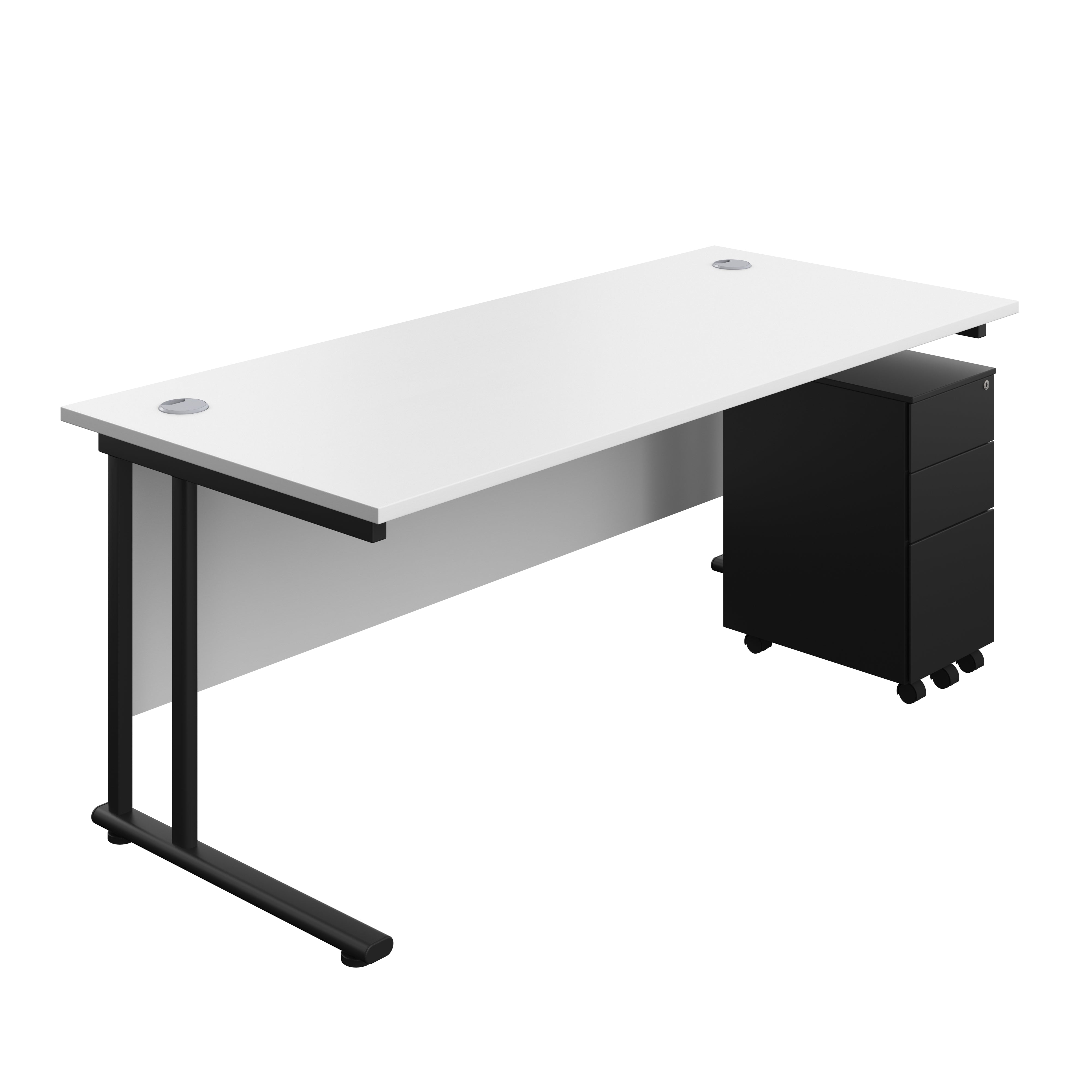 Twin Upright Rectangular Desk + Slimline Steel Pedestal 3 Drawers (FSC) | 1800X800 | White/Black