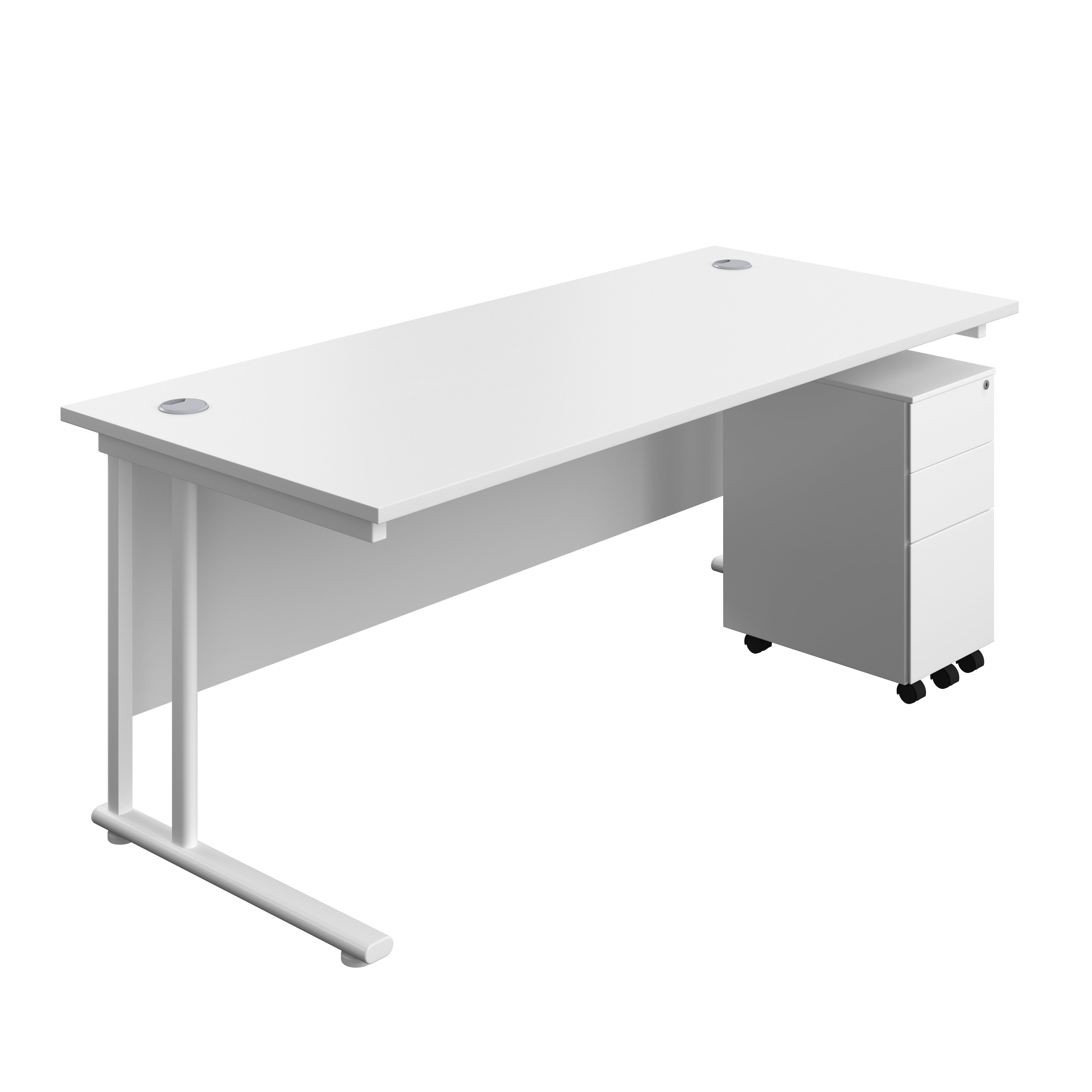 Twin Upright Rectangular Desk + Slimline Steel Pedestal 3 Drawers (FSC) | 1800X800 | White/White