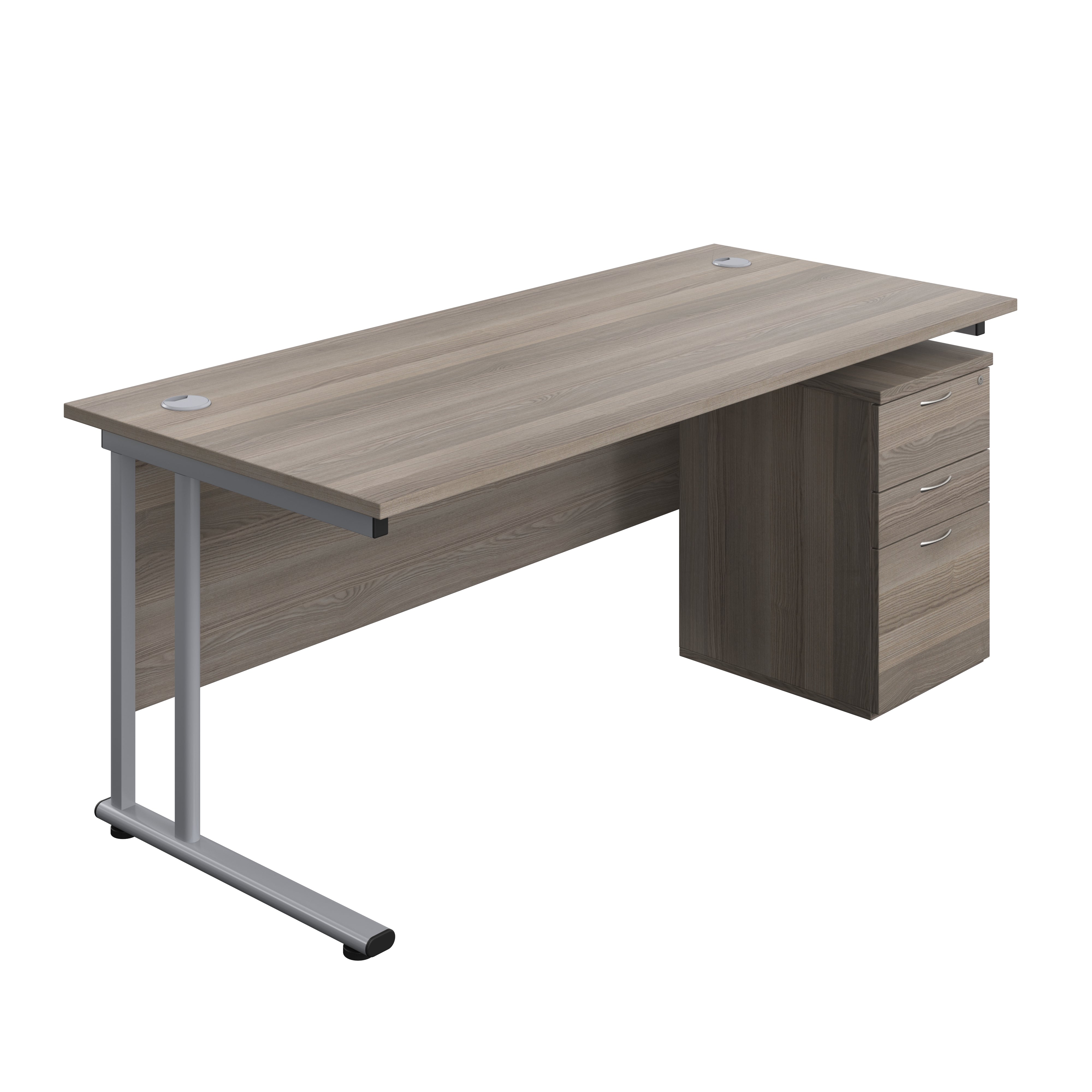 Twin Upright Rectangular Desk + High Mobile Pedestal 3 Drawer (FSC) | 1800X800 | Grey Oak/Silver