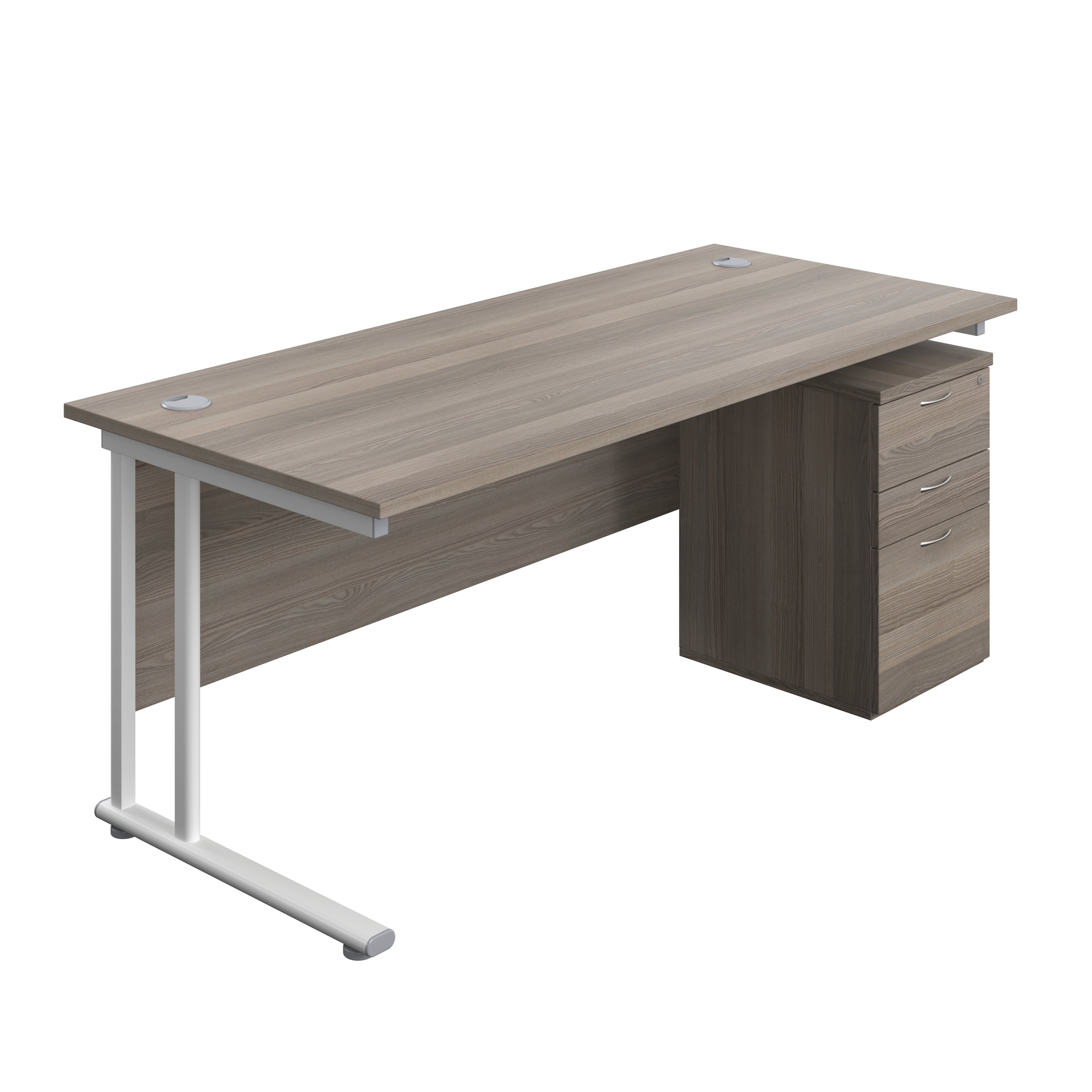 Twin Upright Rectangular Desk + High Mobile Pedestal 3 Drawer (FSC) | 1800X800 | Grey Oak/White