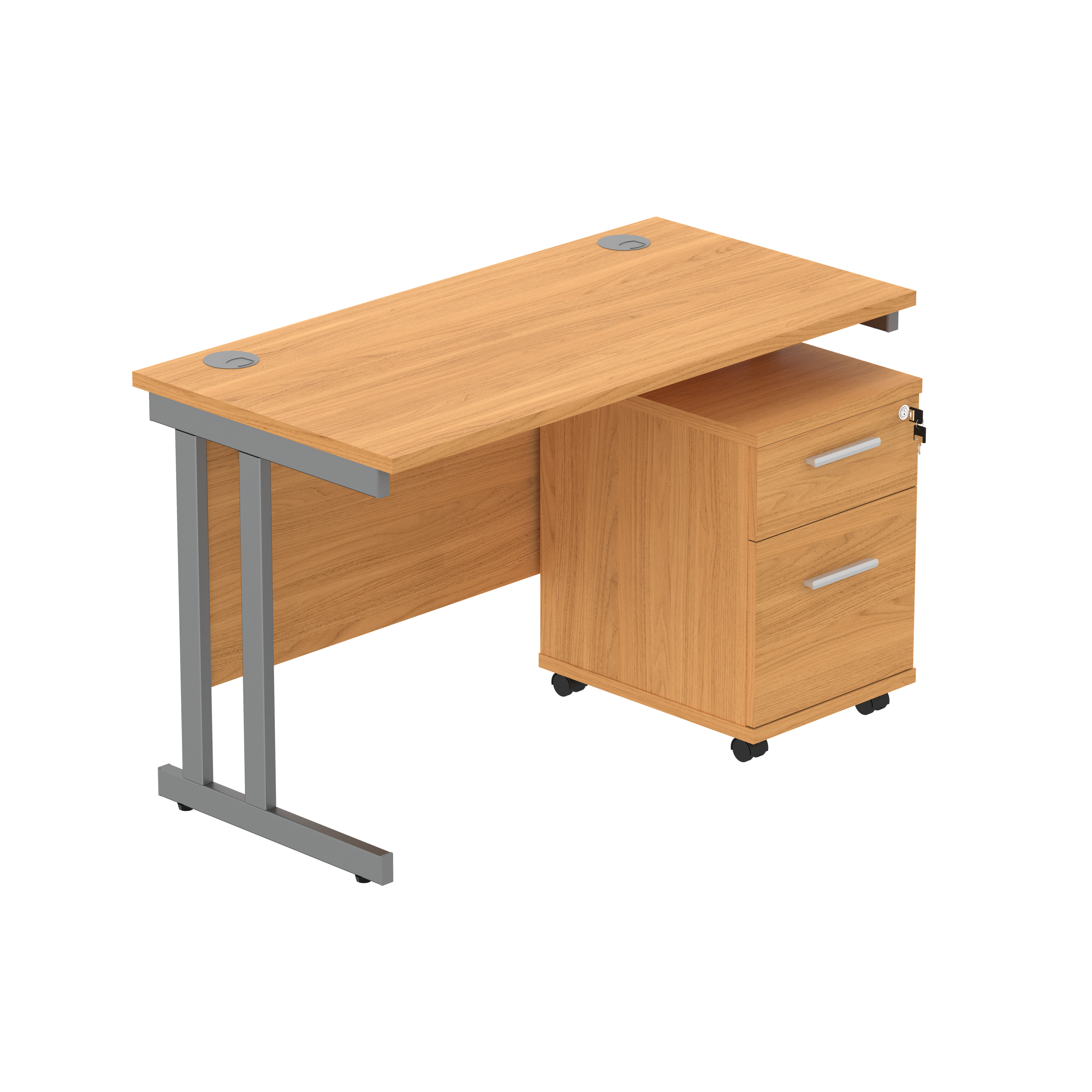 Double Upright Rectangular Desk + 2 Drawer Mobile Under Desk Pedestal (FSC) | 1200X600 | Norwegian Beech/Graphite