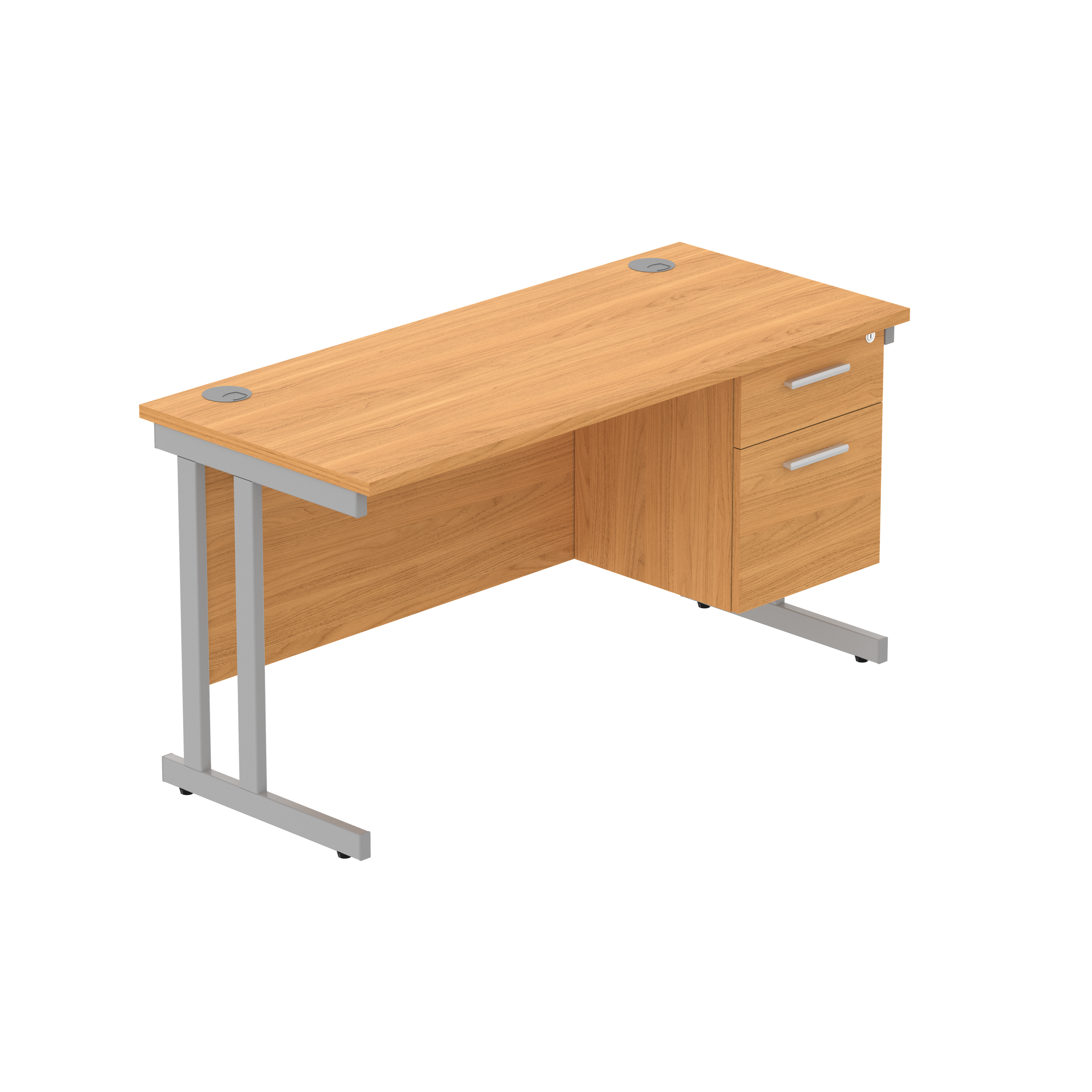 Office Rectangular Desk with Steel Double Upright Cantilever Legs + 2 Drawer Fixed Pedestal (FSC) | 1400X600 | Norwegian Beech/Silver