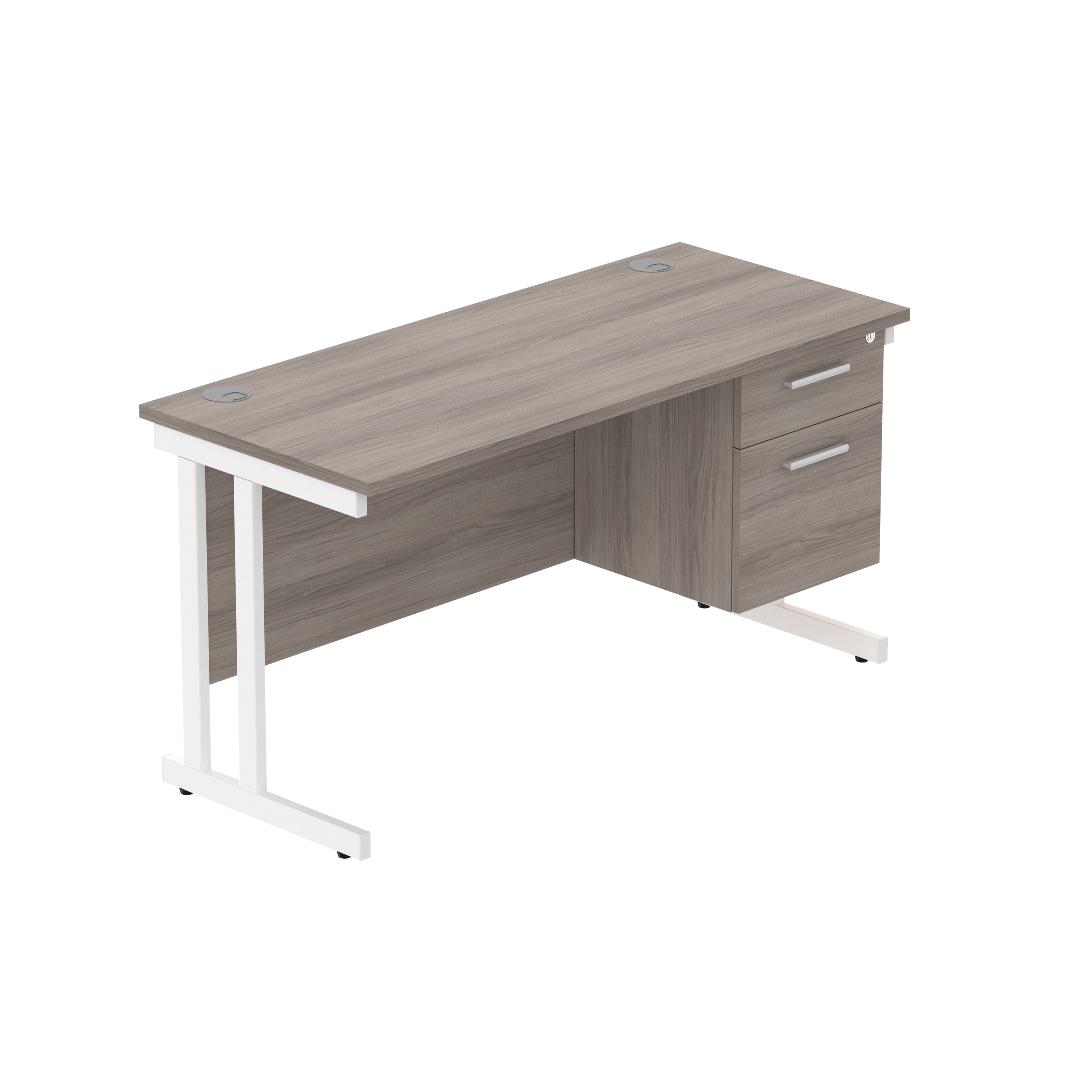 Office Rectangular Desk with Steel Double Upright Cantilever Legs + 2 Drawer Fixed Pedestal (FSC) | 1400X600 | Alaskan Grey Oak/White