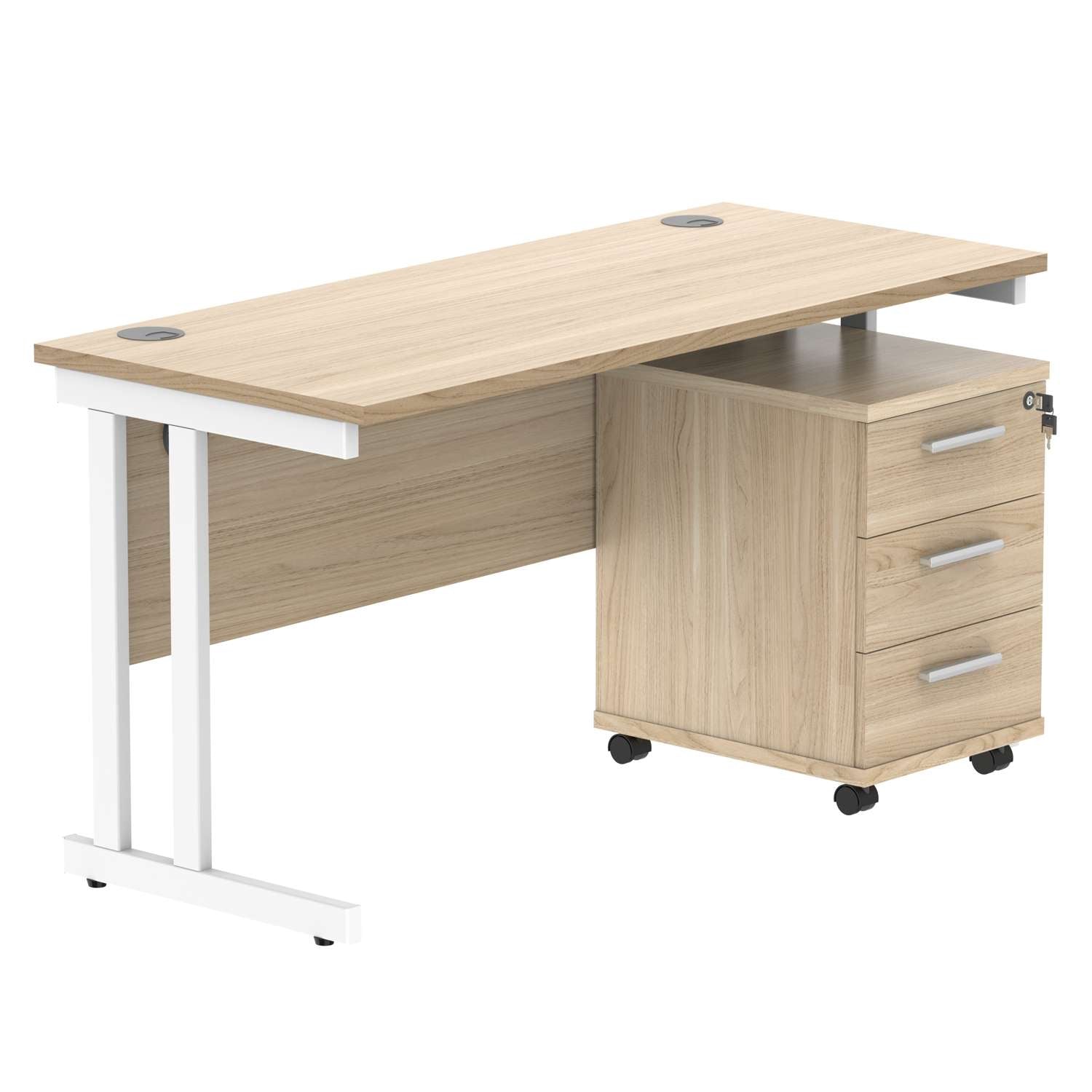 Double Upright Rectangular Desk + 3 Drawer Mobile Under Desk Pedestal (FSC)