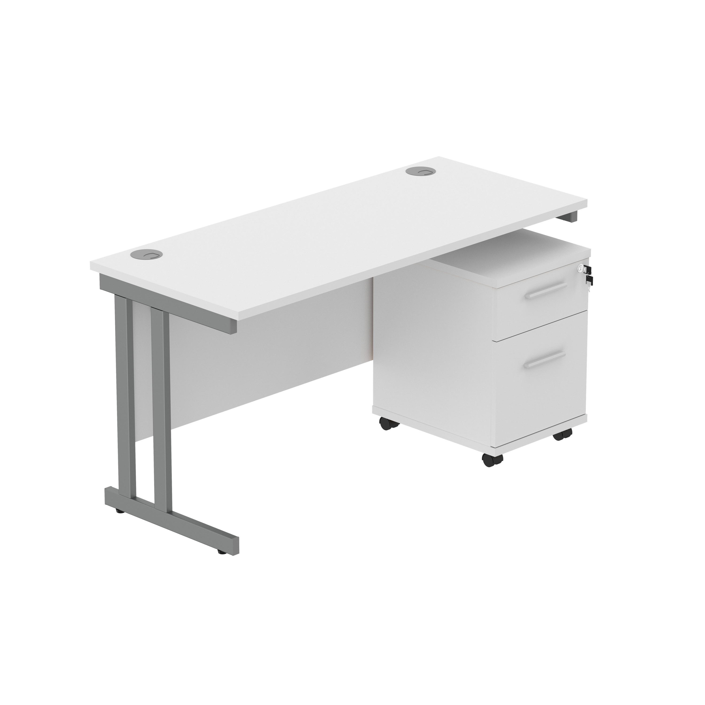 Double Upright Rectangular Desk + 2 Drawer Mobile Under Desk Pedestal (FSC) | 1400X600 | Arctic White/Graphite