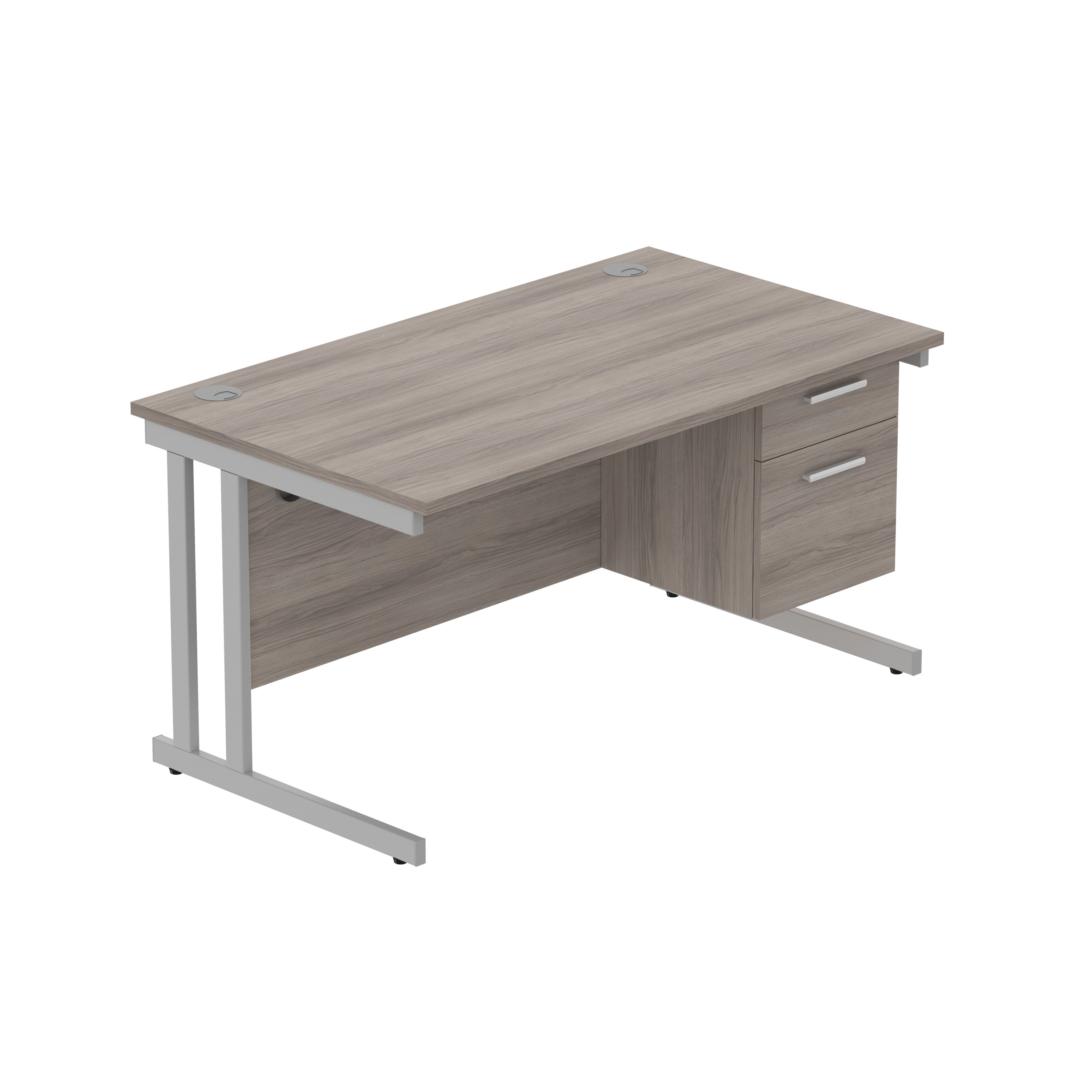 Office Rectangular Desk with Steel Double Upright Cantilever Legs + 2 Drawer Fixed Pedestal (FSC) | 1400X800 | Alaskan Grey Oak/Silver