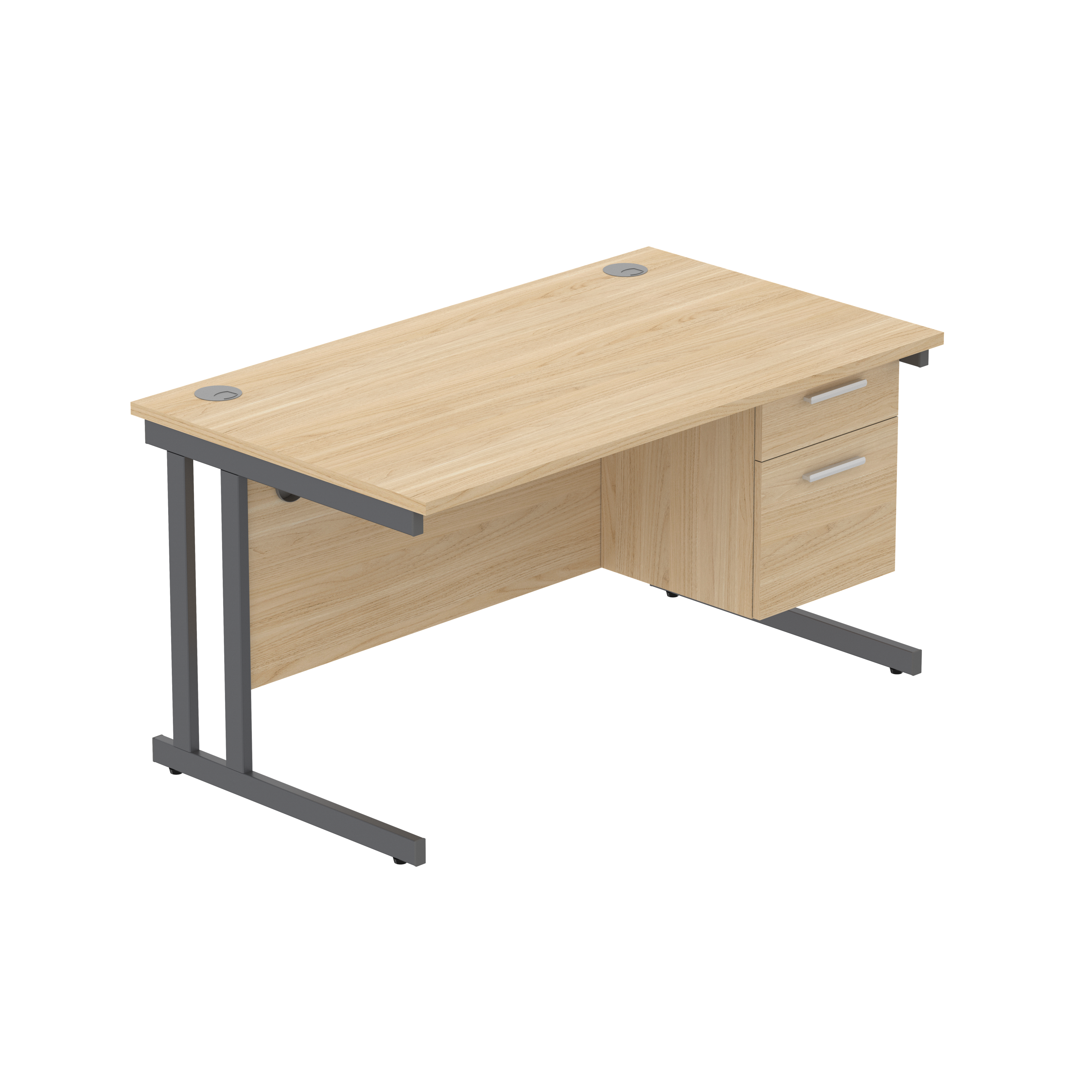 Office Rectangular Desk with Steel Double Upright Cantilever Legs + 2 Drawer Fixed Pedestal (FSC) | 1400X800 | Canadian Oak/Graphite