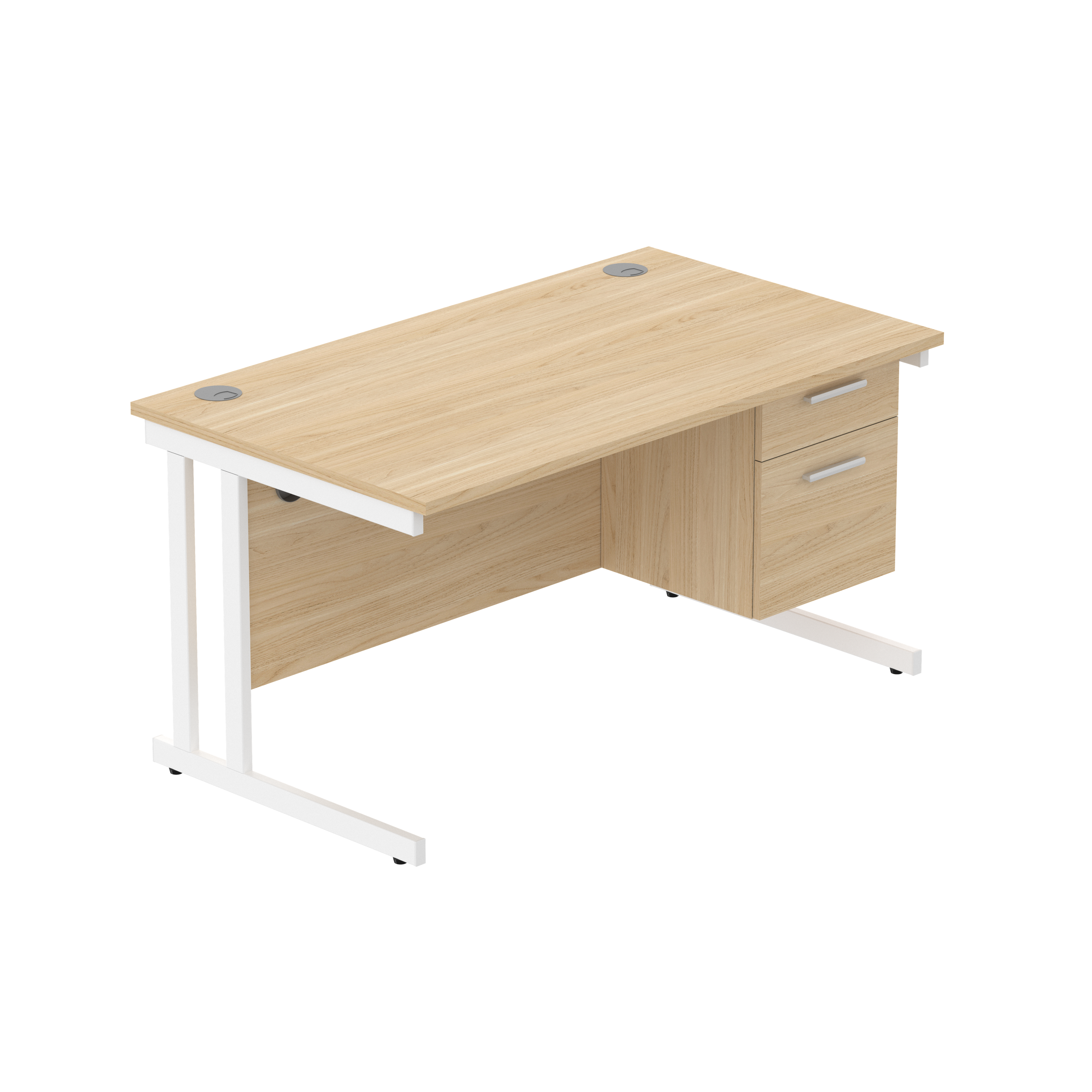 Office Rectangular Desk with Steel Double Upright Cantilever Legs + 2 Drawer Fixed Pedestal (FSC) | 1400X800 | Canadian Oak/White