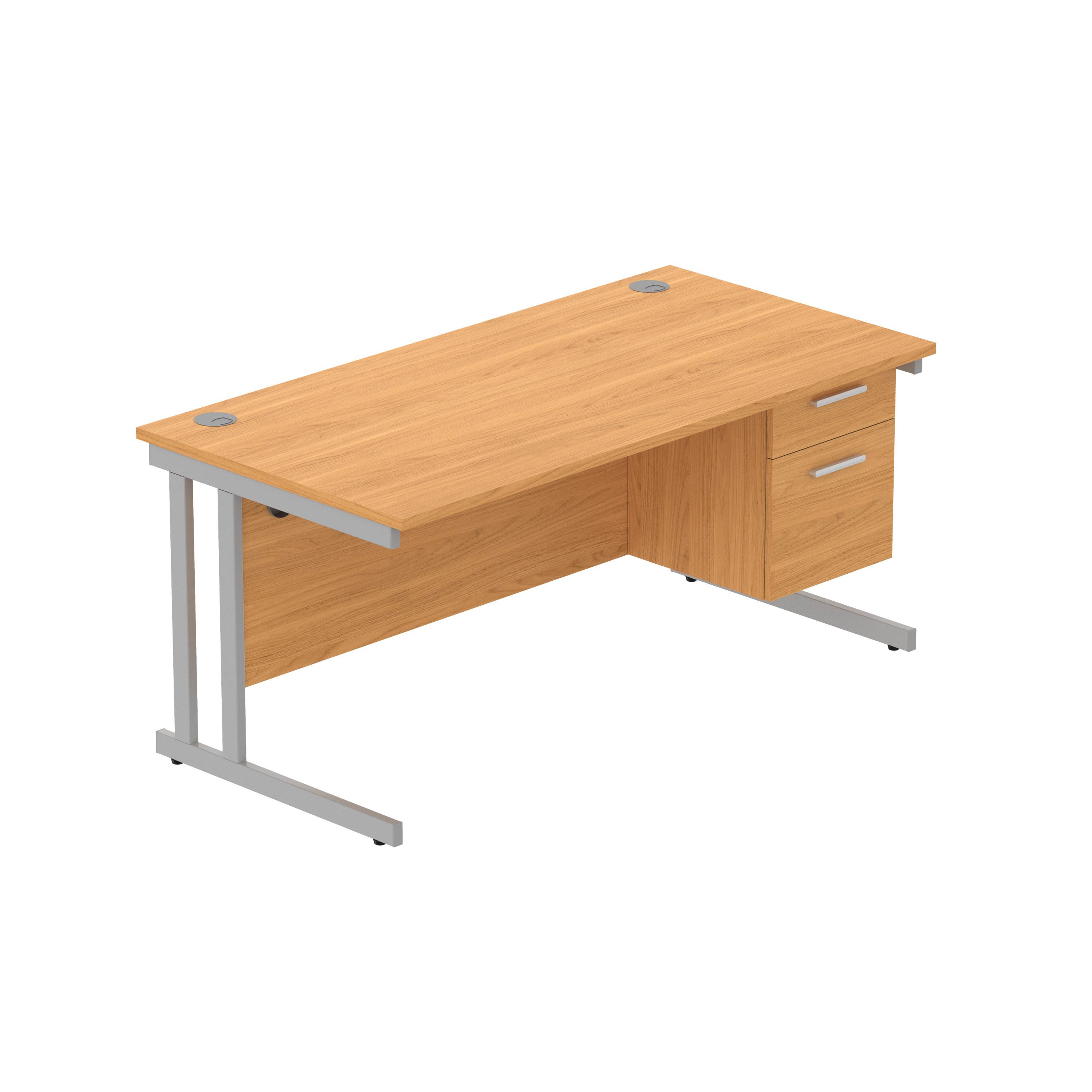 Office Rectangular Desk with Steel Double Upright Cantilever Legs + 2 Drawer Fixed Pedestal (FSC) | 1600X800 | Norwegian Beech/Silver