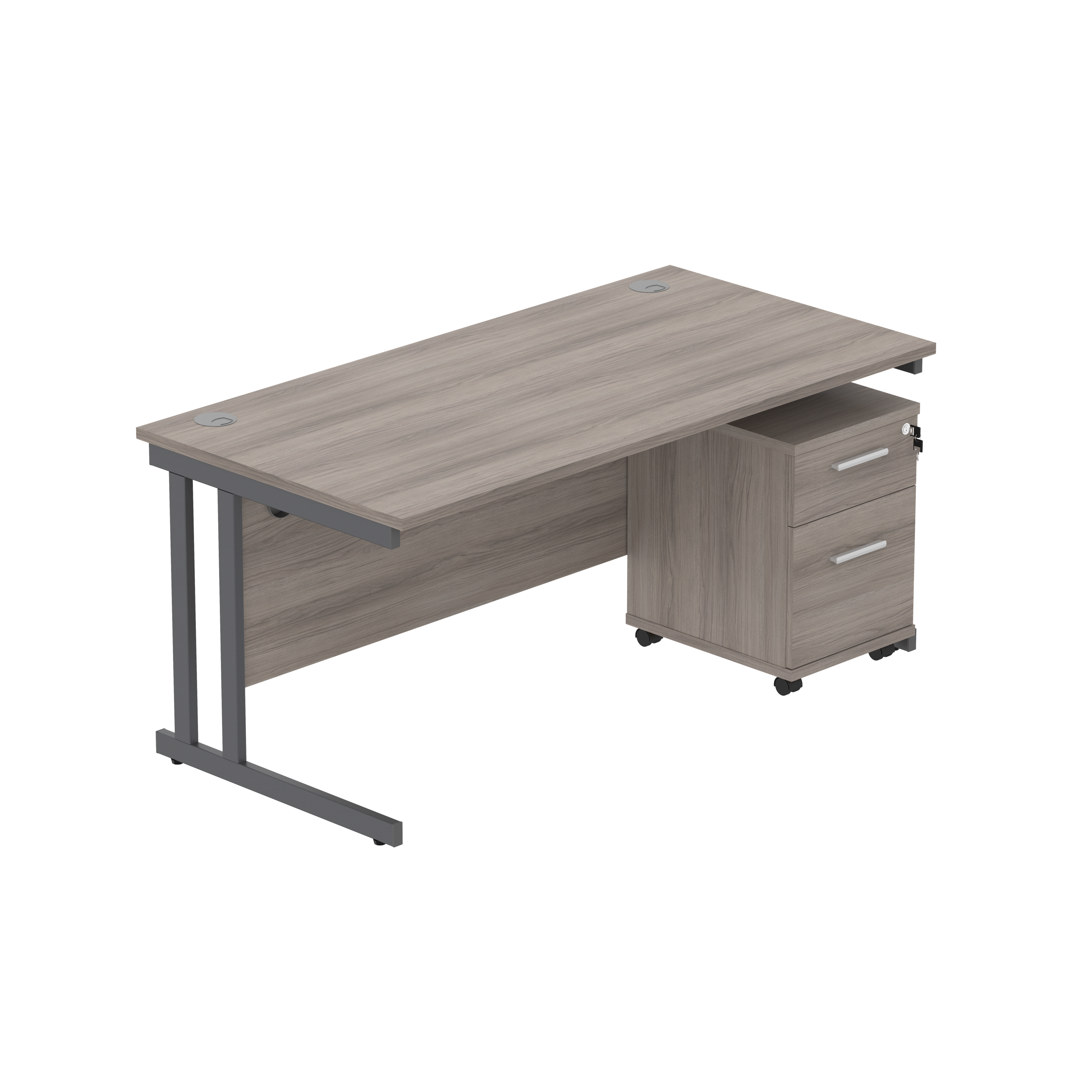 Double Upright Rectangular Desk + 2 Drawer Mobile Under Desk Pedestal (FSC) | 1600X800 | Alaskan Grey Oak/Graphite