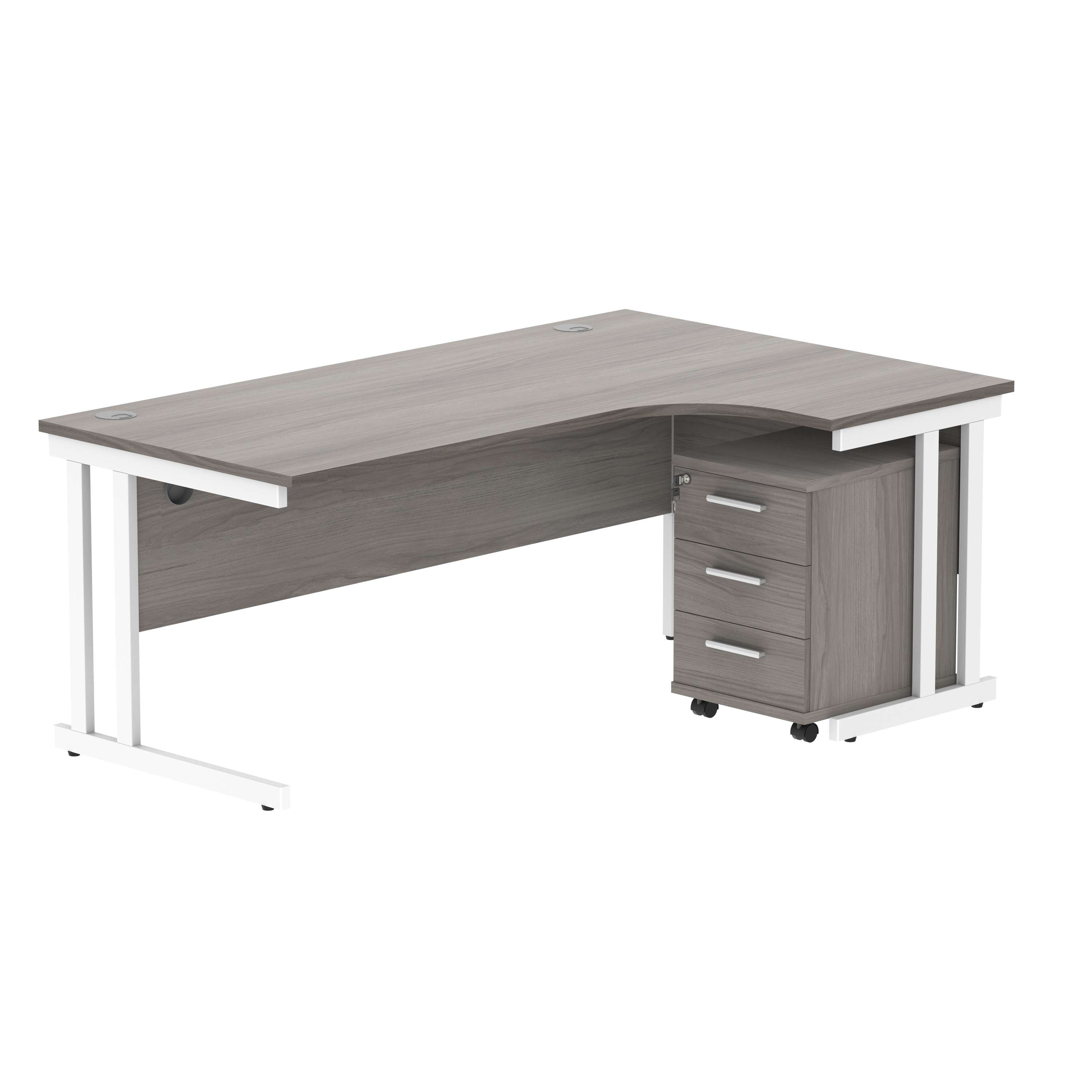 Double Upright Right Hand Radial Desk + 3 Drawer Mobile Under Desk Pedestal (FSC) | 1800X1200 | Alaskan Grey Oak/White