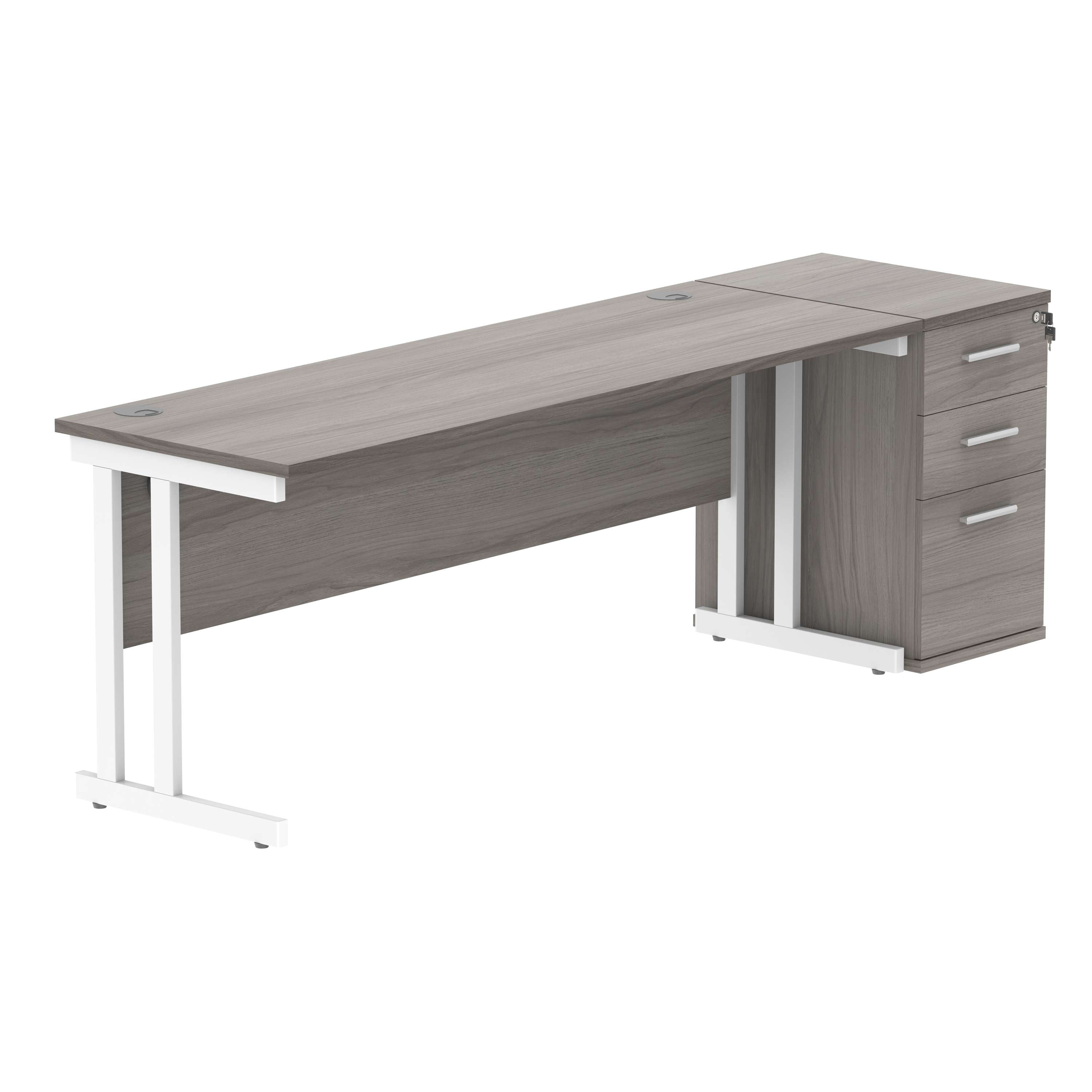 Double Upright Rectangular Desk + Desk High Pedestal (FSC) | 1800X600 | Alaskan Grey Oak/Silver