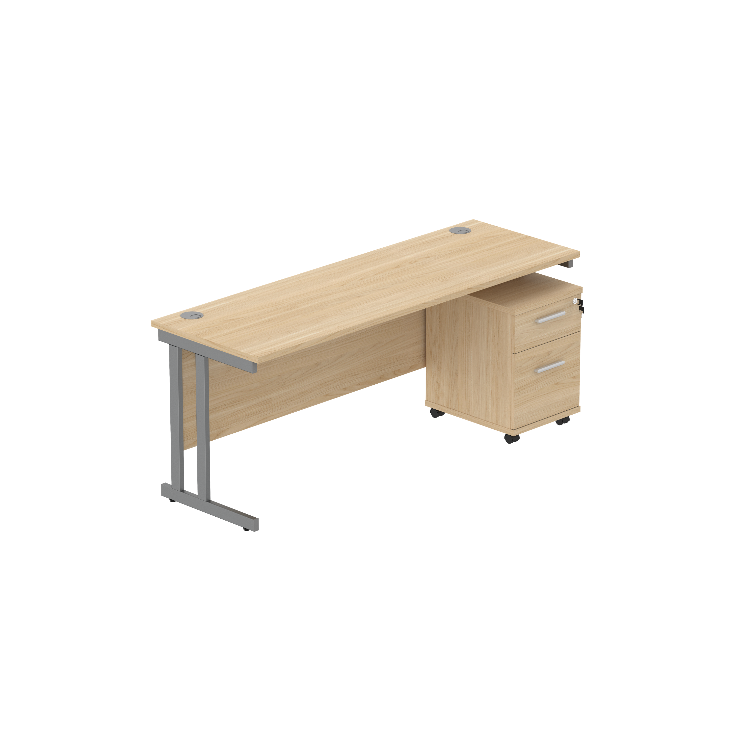 Double Upright Rectangular Desk + 2 Drawer Mobile Under Desk Pedestal (FSC) | 1800X600 | Canadian Oak/Graphite