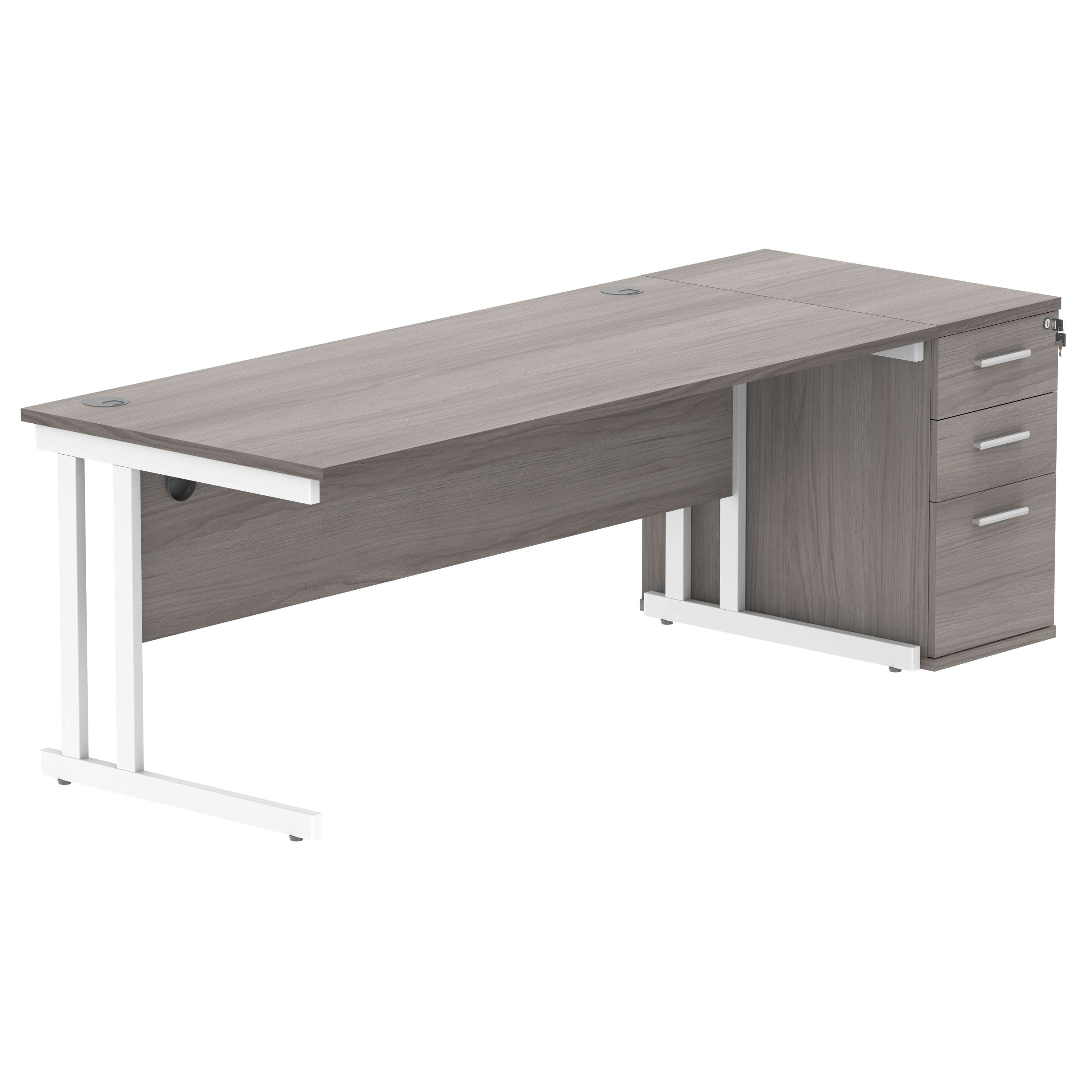 Double Upright Rectangular Desk + Desk High Pedestal (FSC) | 1800X800 | Alaskan Grey Oak/Silver