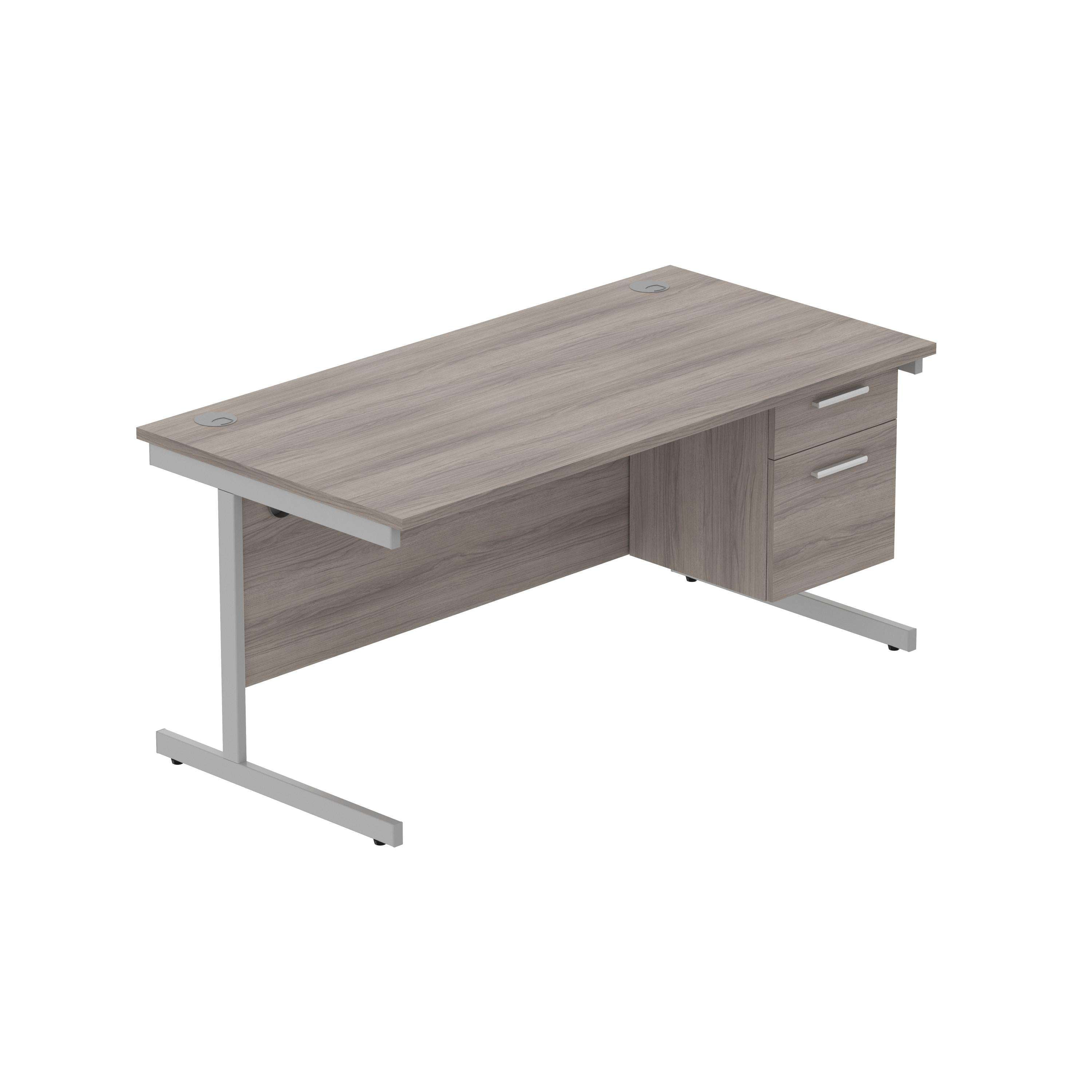 Office Rectangular Desk with Steel Single Upright Cantilever Legs + 2 Drawer Fixed Pedestal (FSC) | 1600X800 | Alaskan Grey Oak/Silver