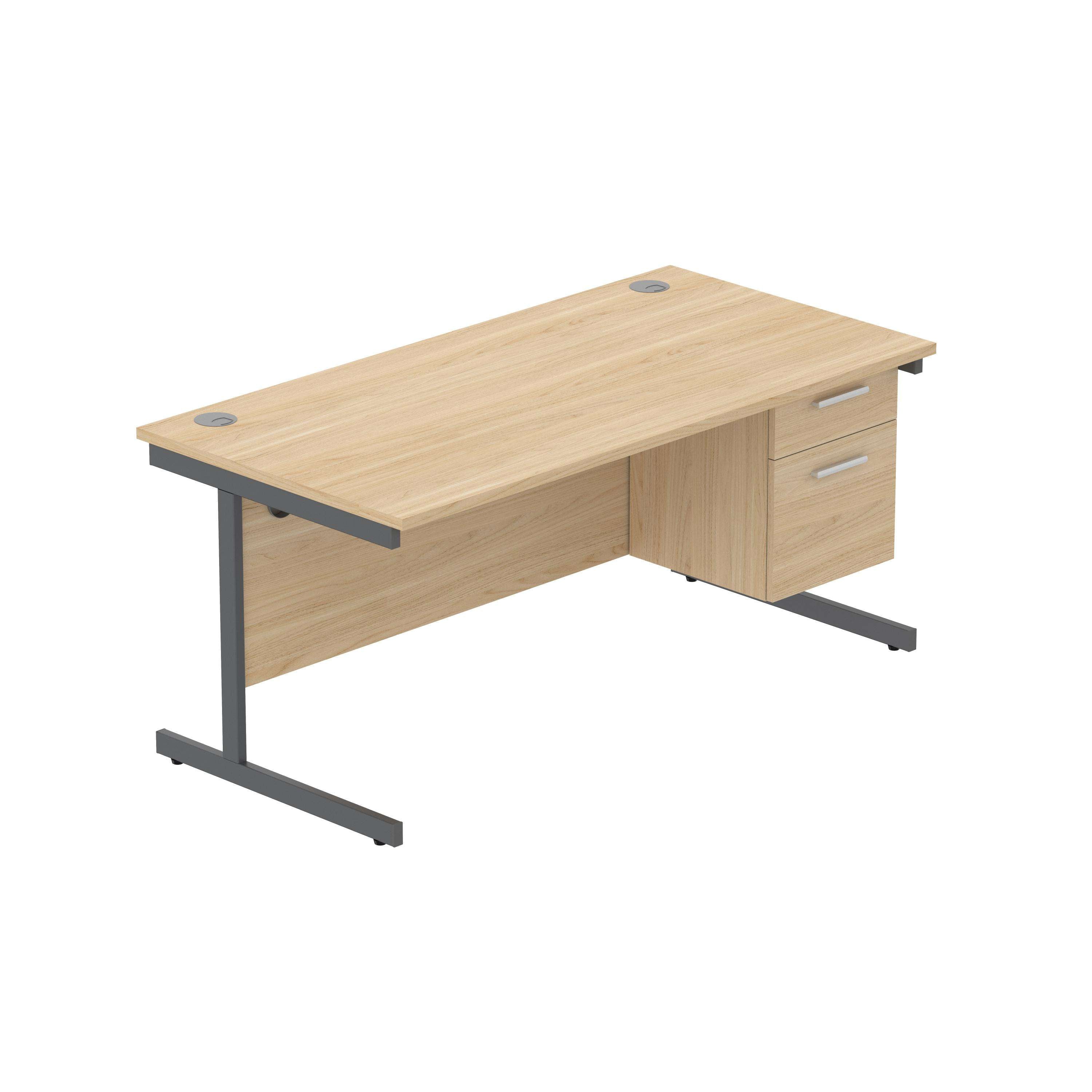 Office Rectangular Desk with Steel Single Upright Cantilever Legs + 2 Drawer Fixed Pedestal (FSC) | 1600X800 | Canadian Oak/Graphite
