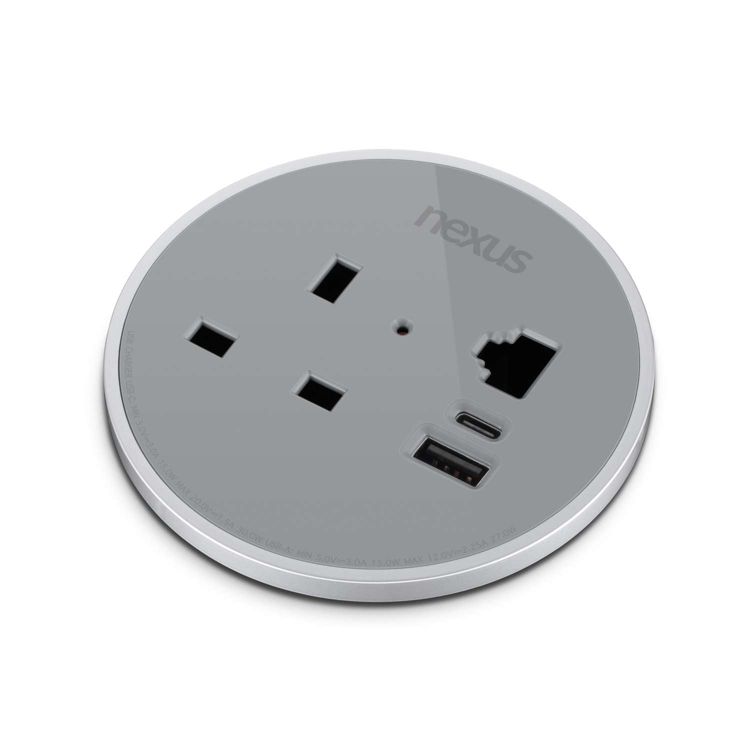 Circular In-Desk Power Module: 1 Outlet: 30W USB-C, 27W USB-A