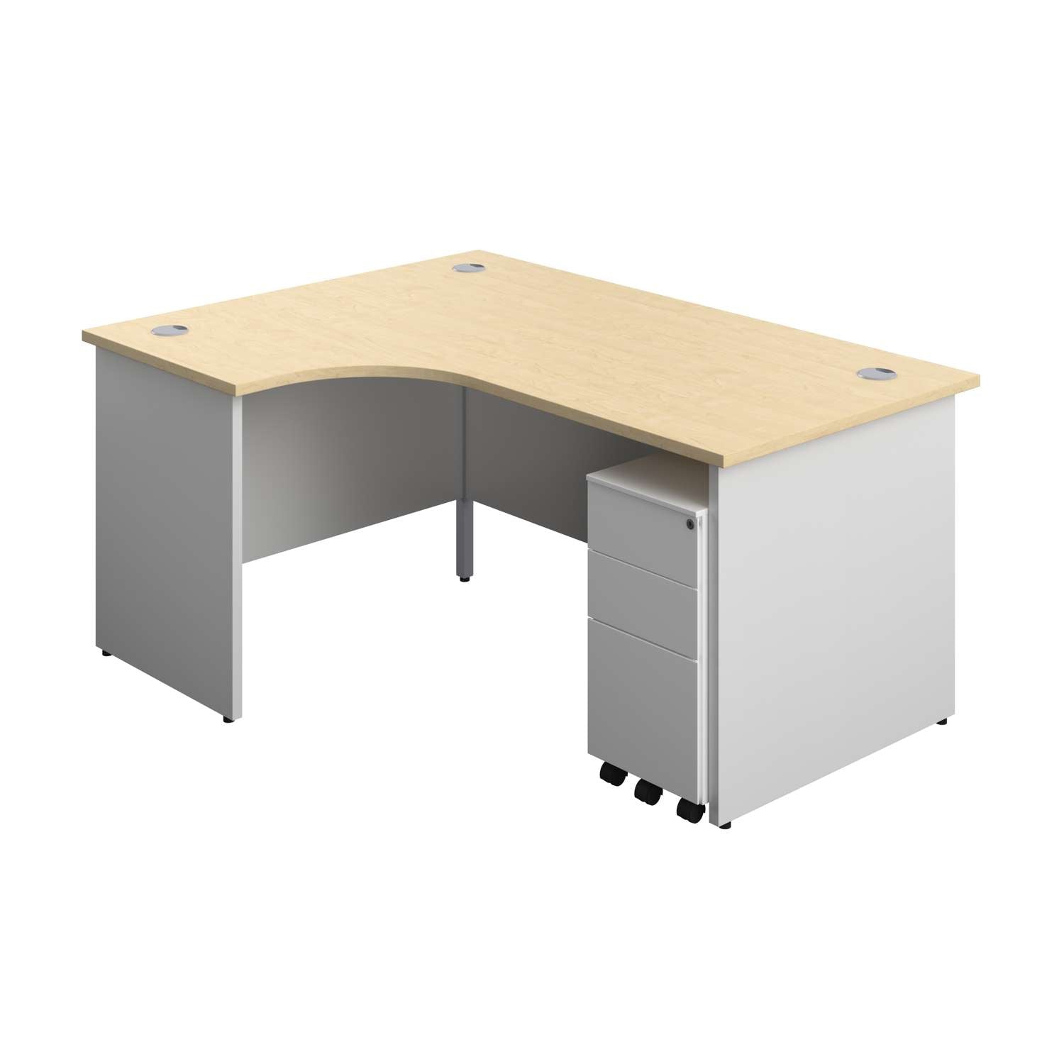 Panel Plus Left Radial Desk + 3 Drawer White Slimline Steel Mobile Pedestal Bundle (FSC)