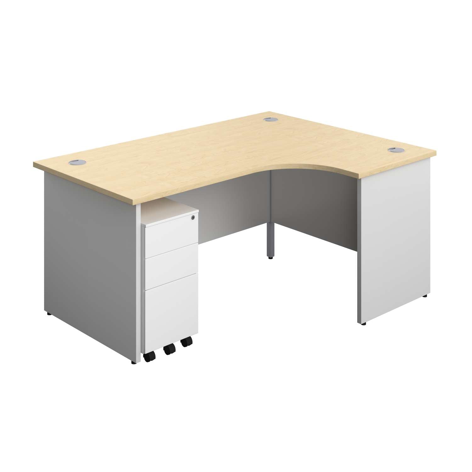 Panel Plus Right Radial Desk + 3 Drawer White Slimline Steel Mobile Pedestal Bundle (FSC)