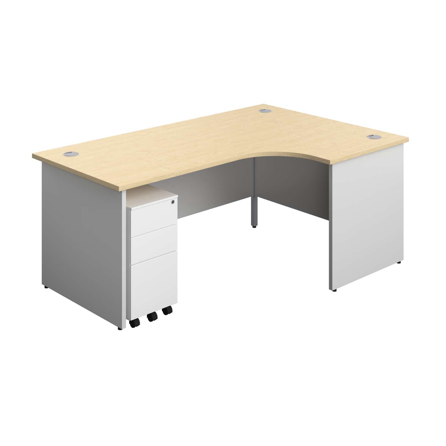 Panel Plus Right Radial Desk + 3 Drawer White Slimline Steel Mobile Pedestal Bundle (FSC)