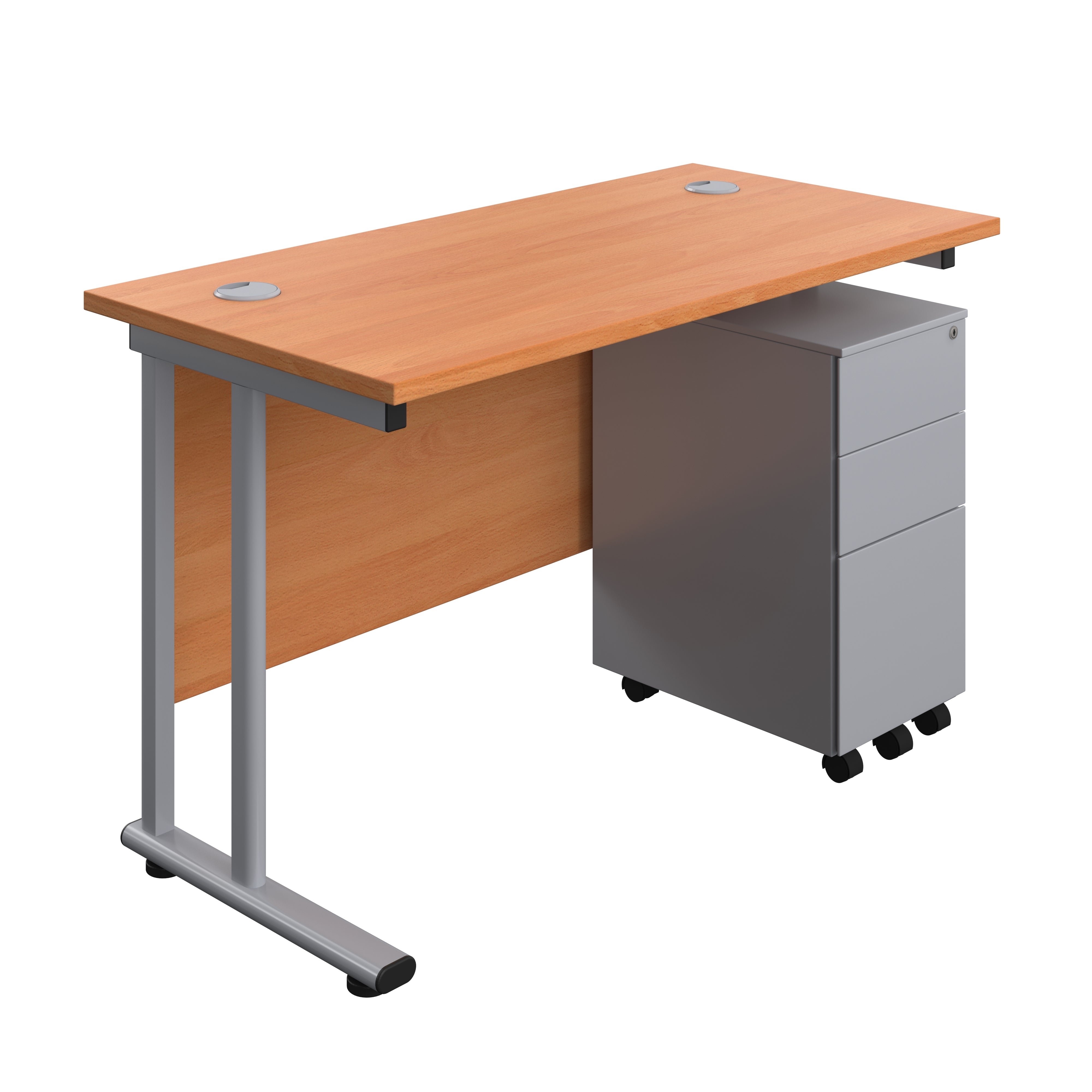 Twin Upright Rectangular Desk + Slimline Steel Pedestal 3 Drawers (FSC) 600