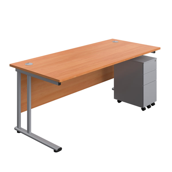 Twin Upright Rectangular Desk + Slimline Steel Pedestal 3 Drawers (FSC ...