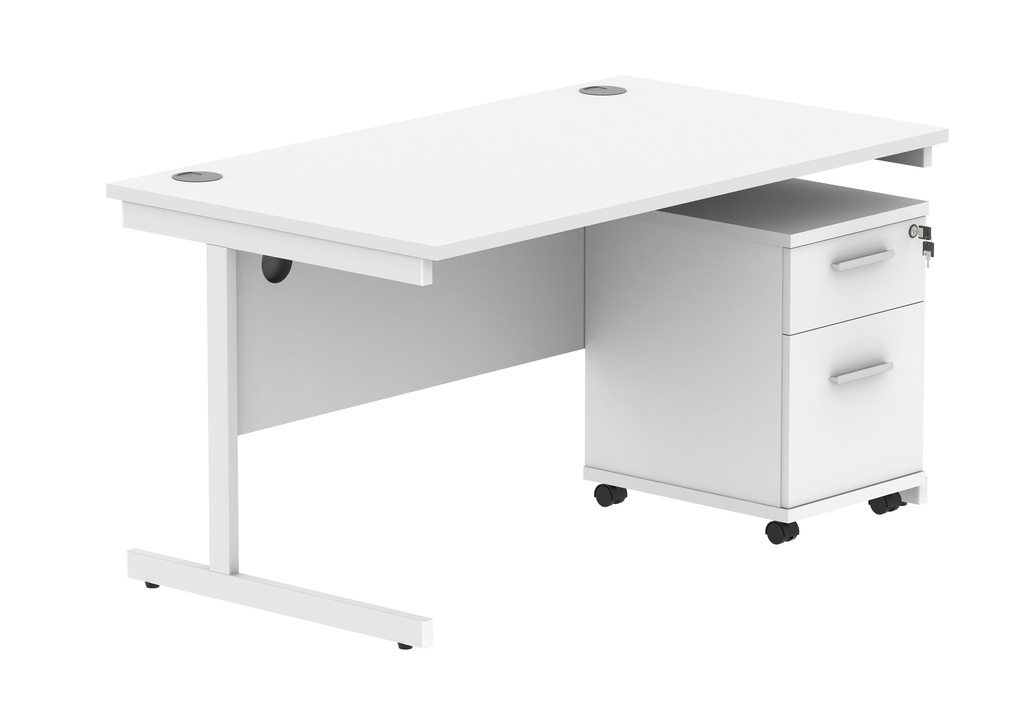 Single Upright Rectangular Desk + 2 Drawer Mobile Under Desk Pedestal (FSC) | 1400 X 800 | Arctic White/White