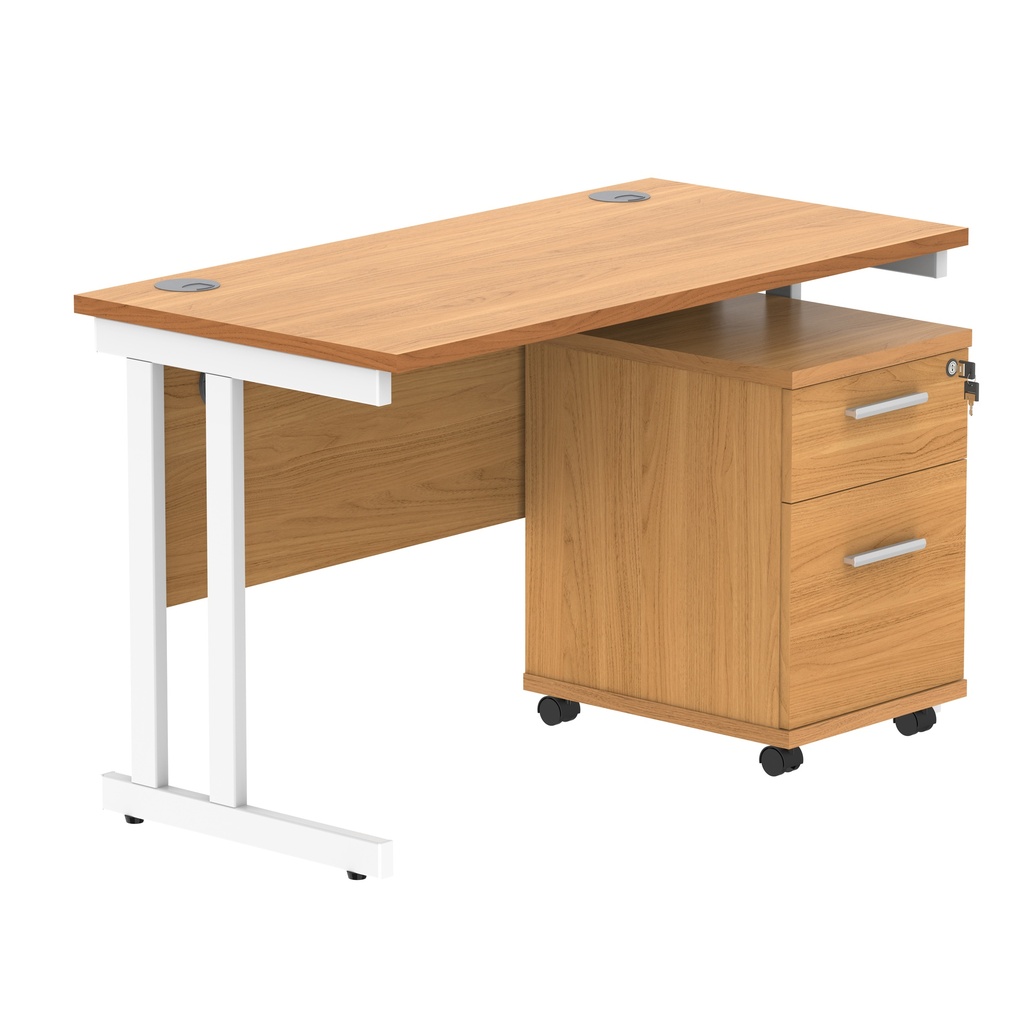 Double Upright Rectangular Desk + 2 Drawer Mobile Under Desk Pedestal (FSC) | 1200X600 | Norwegian Beech/White