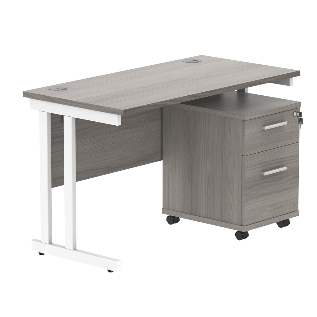 Double Upright Rectangular Desk + 2 Drawer Mobile Under Desk Pedestal (FSC) | 1200X600 | Alaskan Grey Oak/White