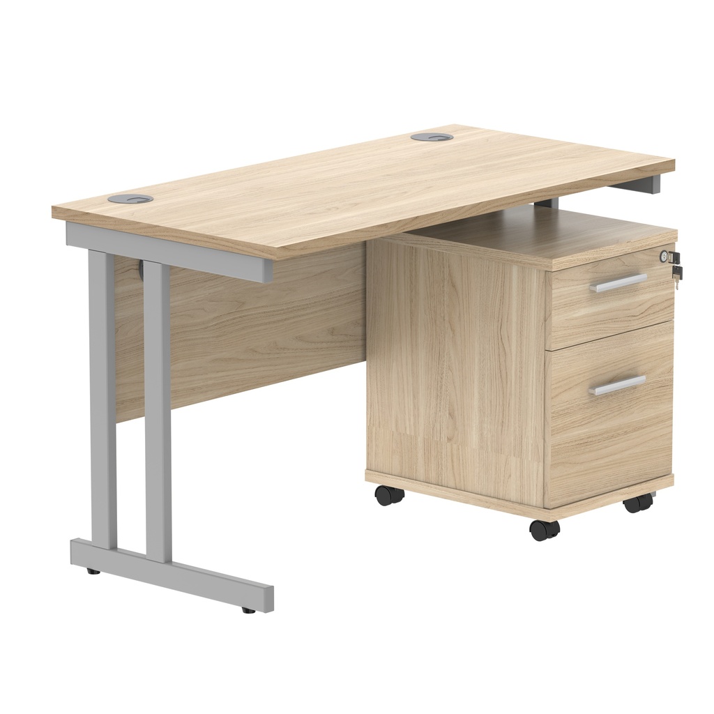 Double Upright Rectangular Desk + 2 Drawer Mobile Under Desk Pedestal (FSC) | 1200X600 | Canadian Oak/Silver