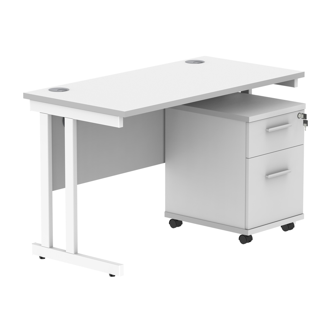 Double Upright Rectangular Desk + 2 Drawer Mobile Under Desk Pedestal (FSC) | 1200X600 | Arctic White/White
