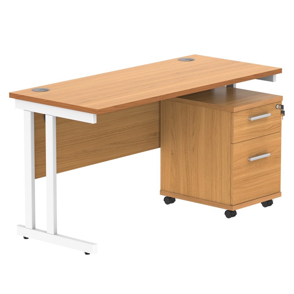 Double Upright Rectangular Desk + 2 Drawer Mobile Under Desk Pedestal (FSC) | 1400X600 | Norwegian Beech/White