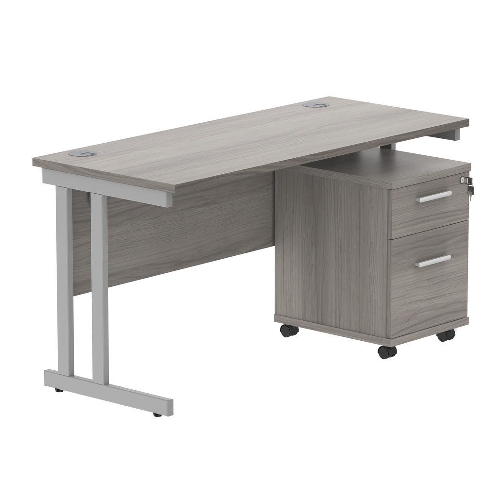 Double Upright Rectangular Desk + 2 Drawer Mobile Under Desk Pedestal (FSC) | 1400X600 | Alaskan Grey Oak/Silver